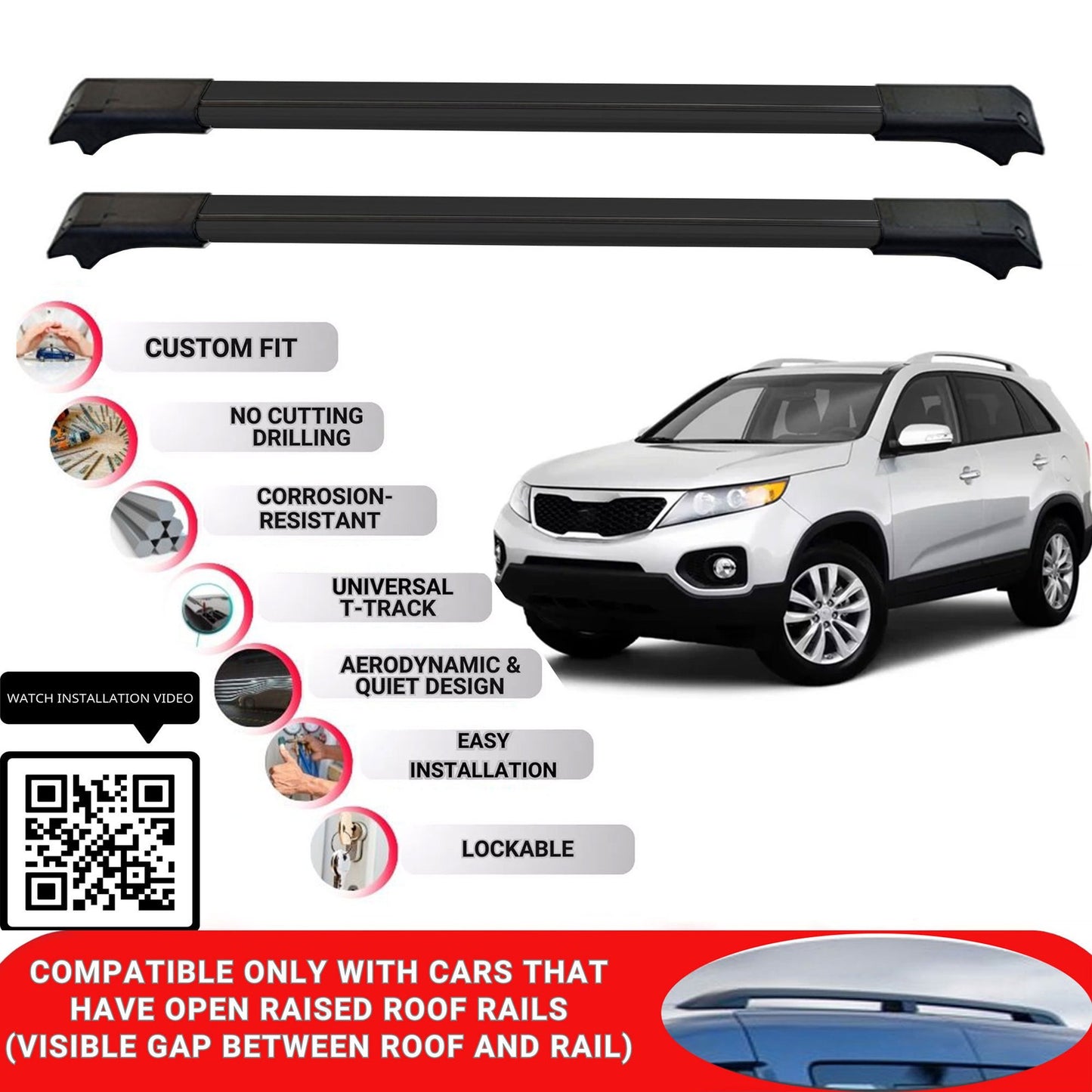 Roof Rack Cross Bars for Kia Sorento 2010-2015 Lockable Roof Bars 2 Pcs Black