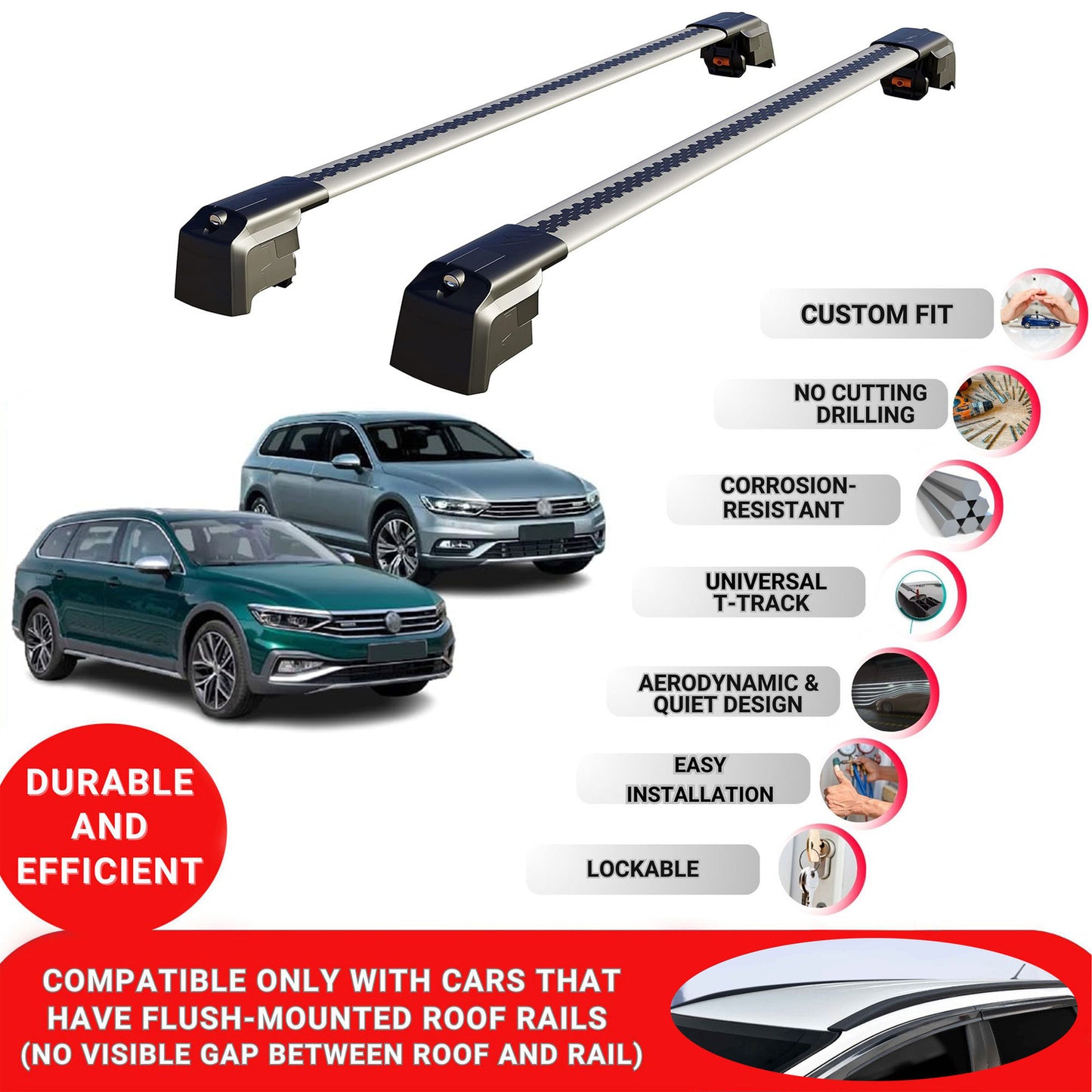 Roof Bars Rack for Volkswagen Passat Alltrack B8 2015+ Lockable Rail Carrier Black