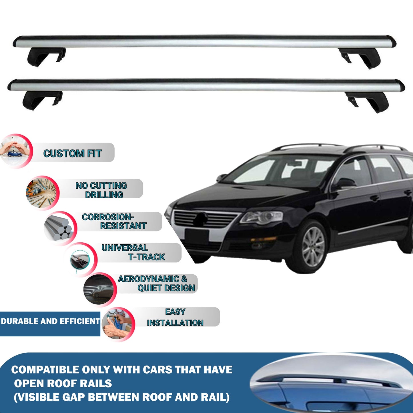 Roof Rack Cross Bars for Volkswagen Passat Variant B6 2005-2010 Rail Carrier for Roof Tents 2 Pcs Grey