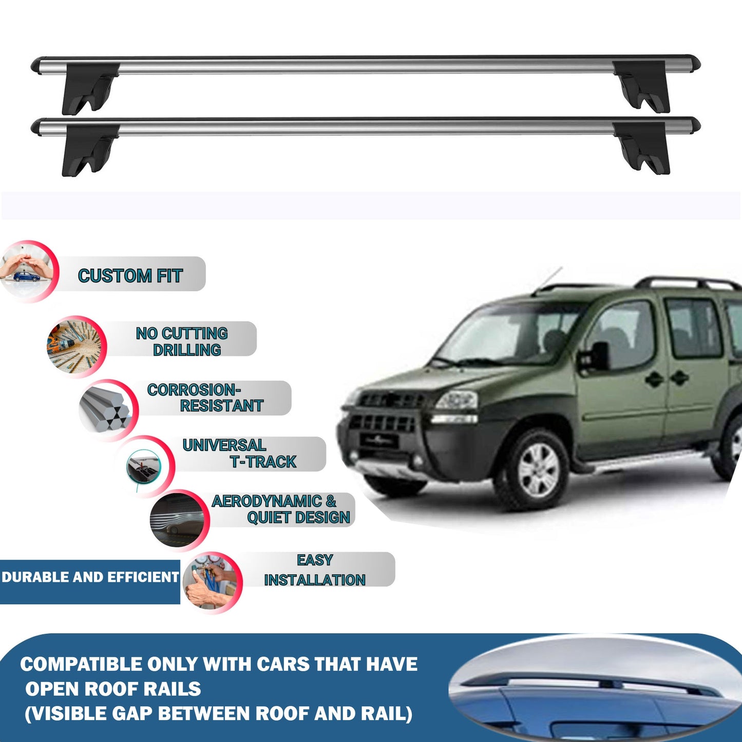 Lockable Roof Rack Cross Bars for Fiat Doblo 5D 2000-2009 | Heavy Duty Rail Carrier 2 Pcs Grey