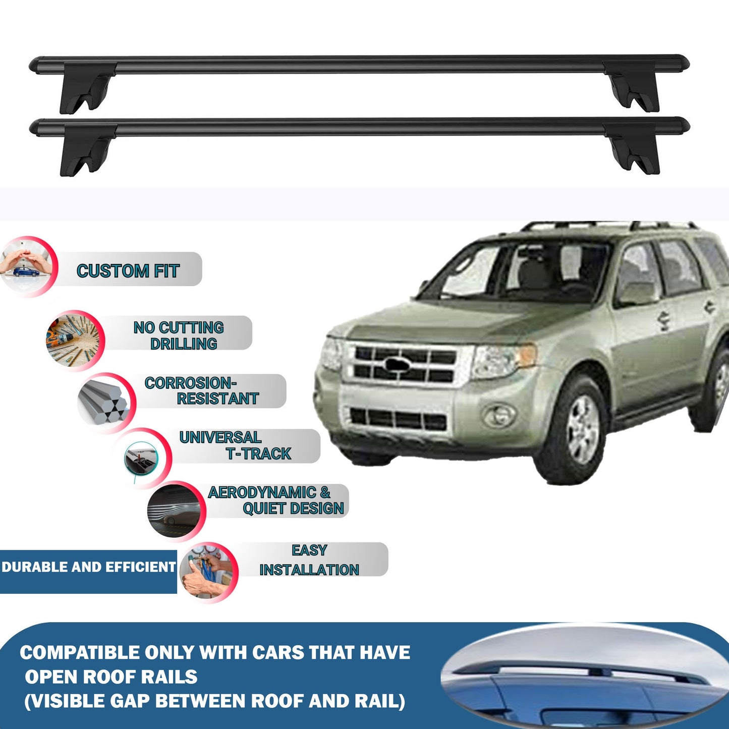 Lockable Roof Rack Cross Bars for Ford Escape 2008-2012 | Heavy Duty Rail Carrier 2 Pcs Black