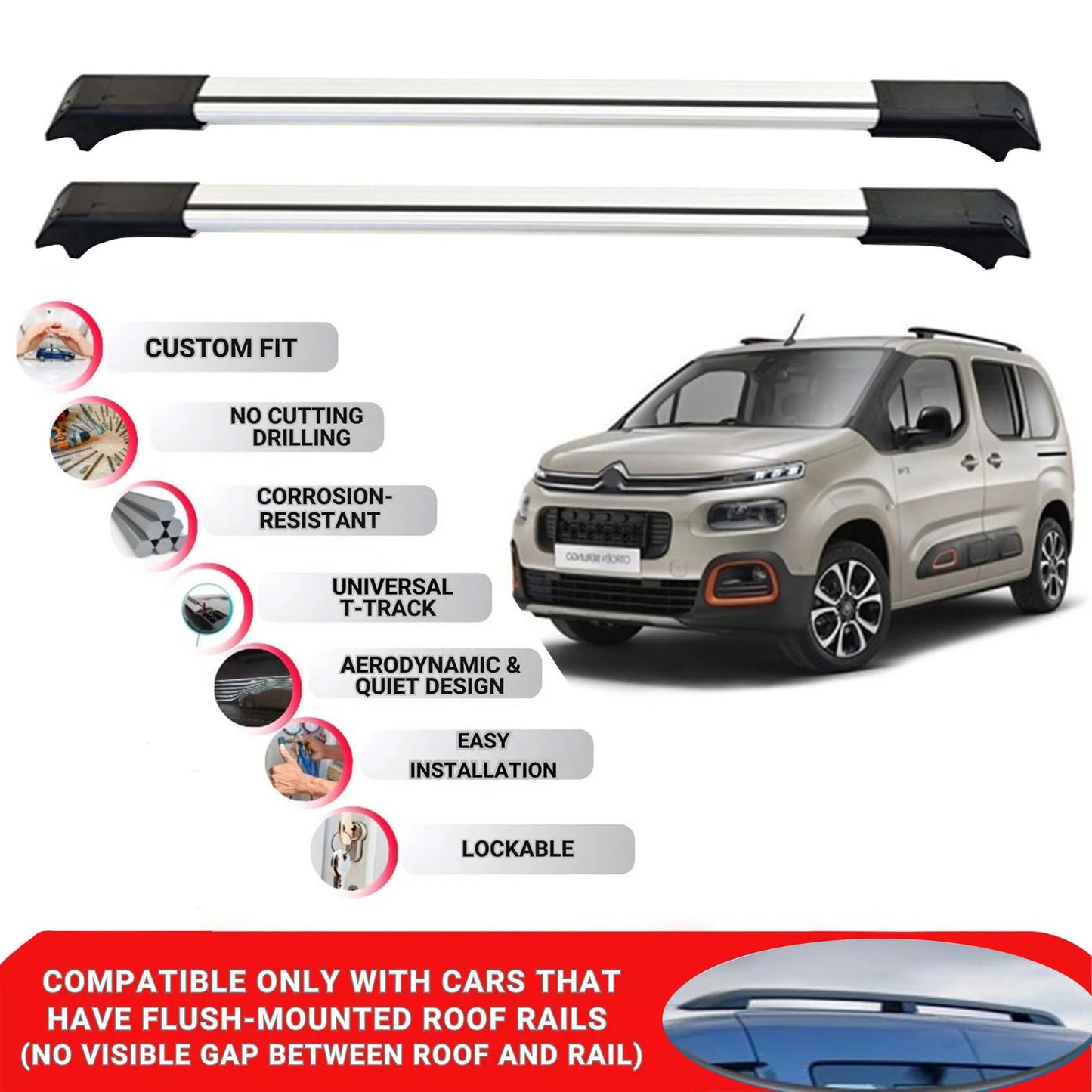 2X Car Roof Rack Cross Barfor Citroen Berlingo K9 2018+ Lockable Roof Bars Grey