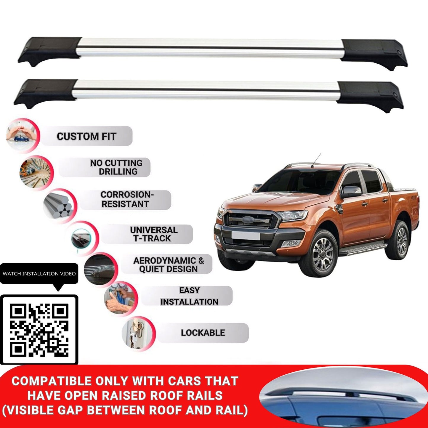 Roof Rack Cross Bars for Ford Ranger Super Cab 2011-2022 Lockable 2 Pcs Grey