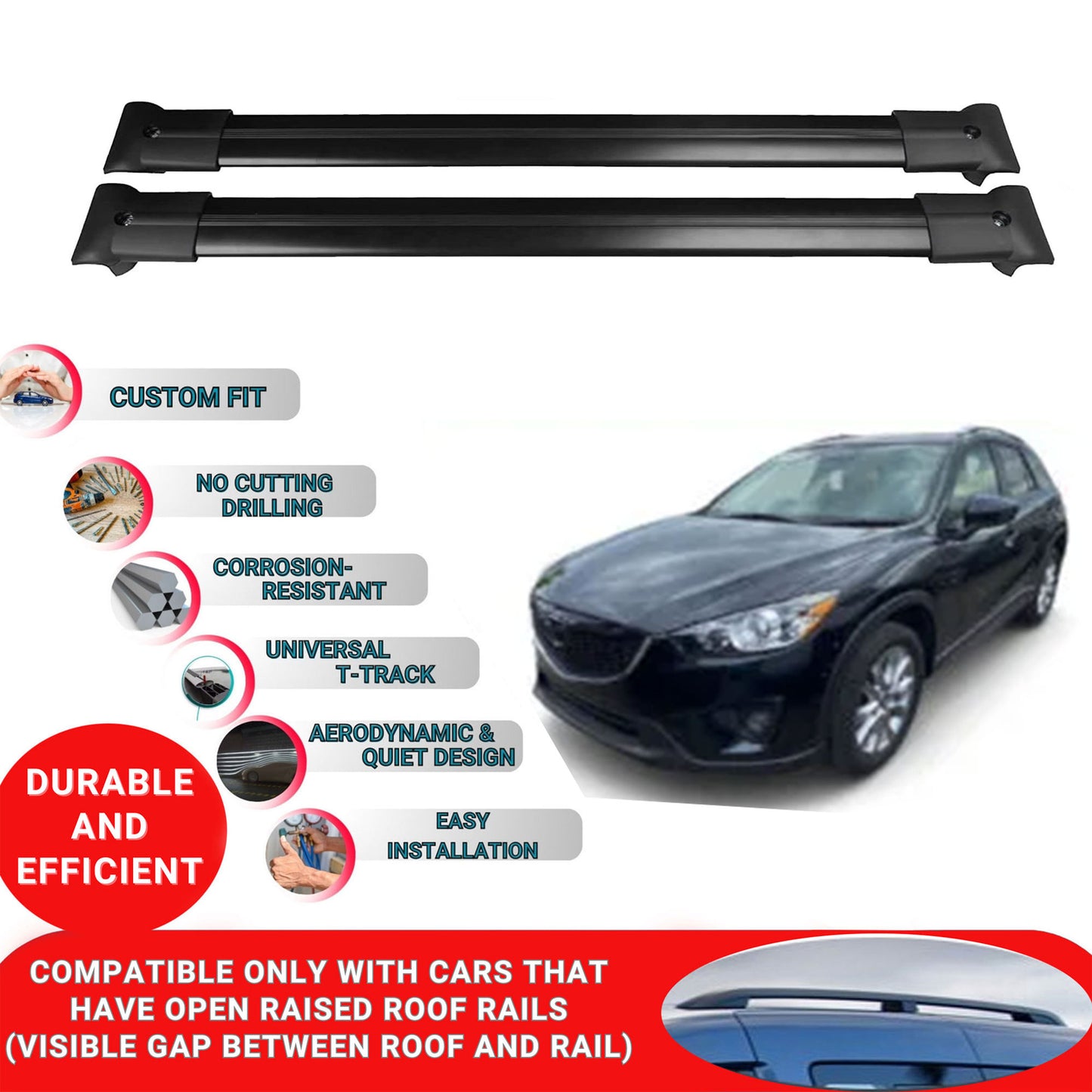 Roof Racks Cross Bars For Mazda Cx-5 Suv 2013-2018 2 Pcs Black