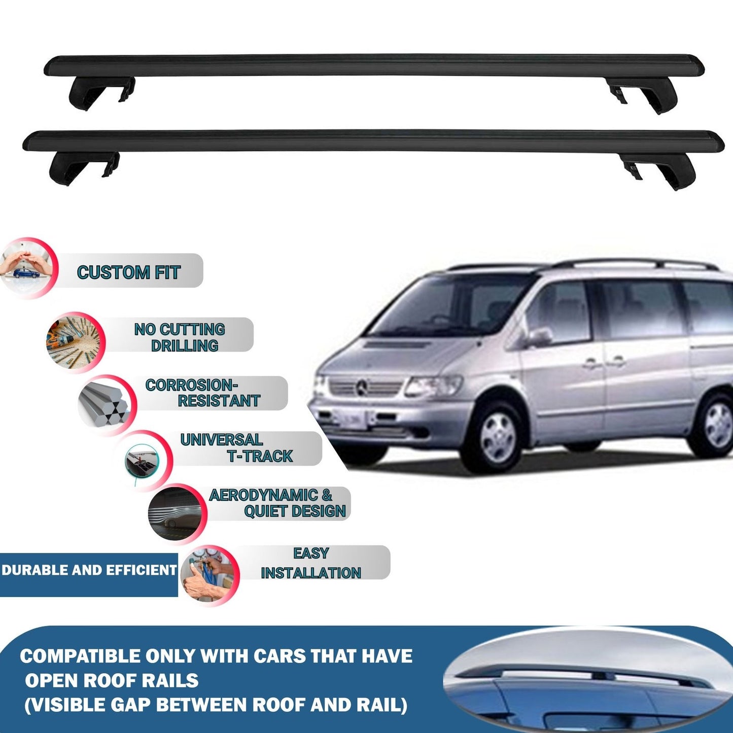 Roof Rack Cross Bars for Mercedes Benz V-Class W638 1996-2003 Rail Carrier for Roof Tents 2 Pcs Black