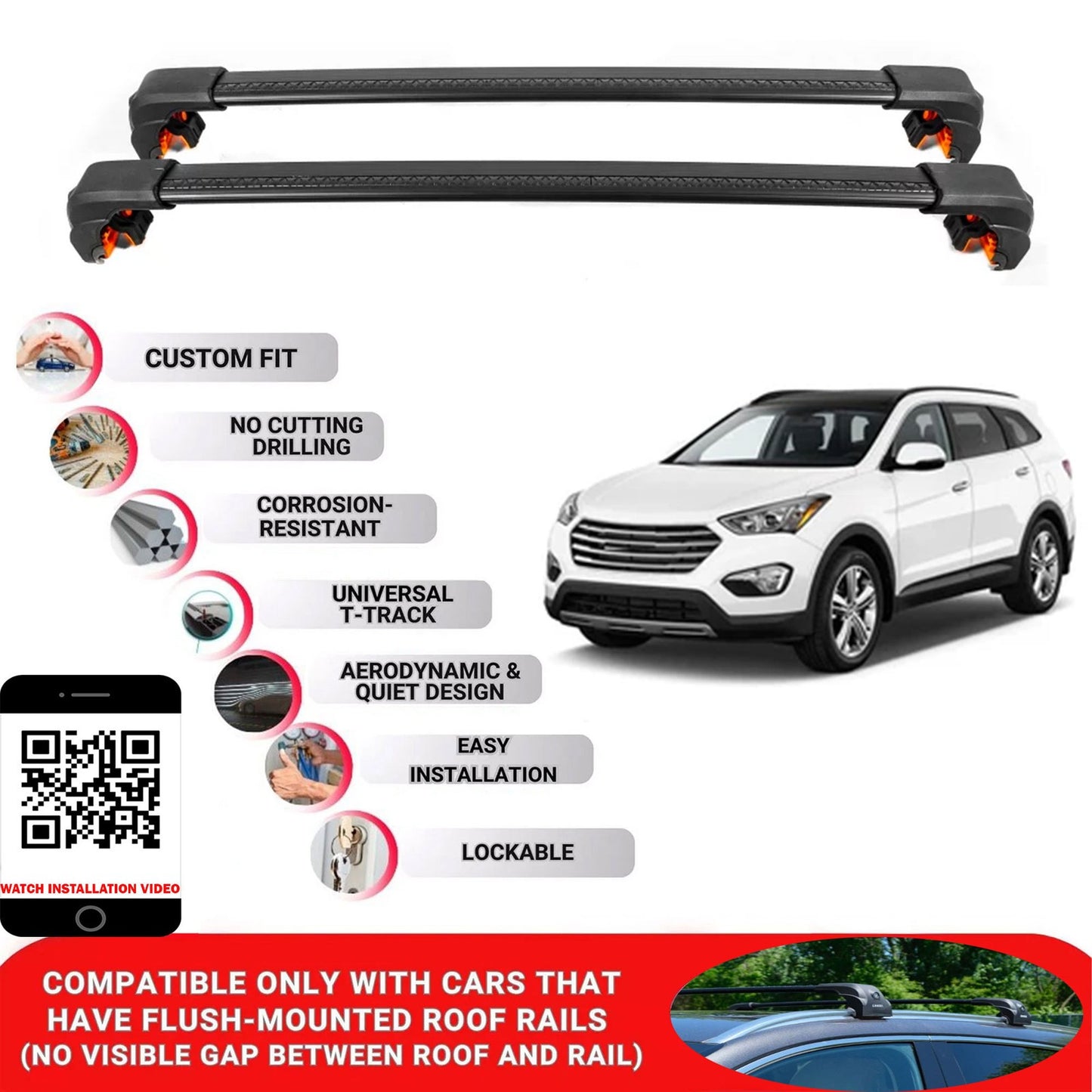 Premium Roof Bars For Hyundai Santafe Suv 2013-2015 Secure Roof Rack Cross Bar 2 Pcss Black