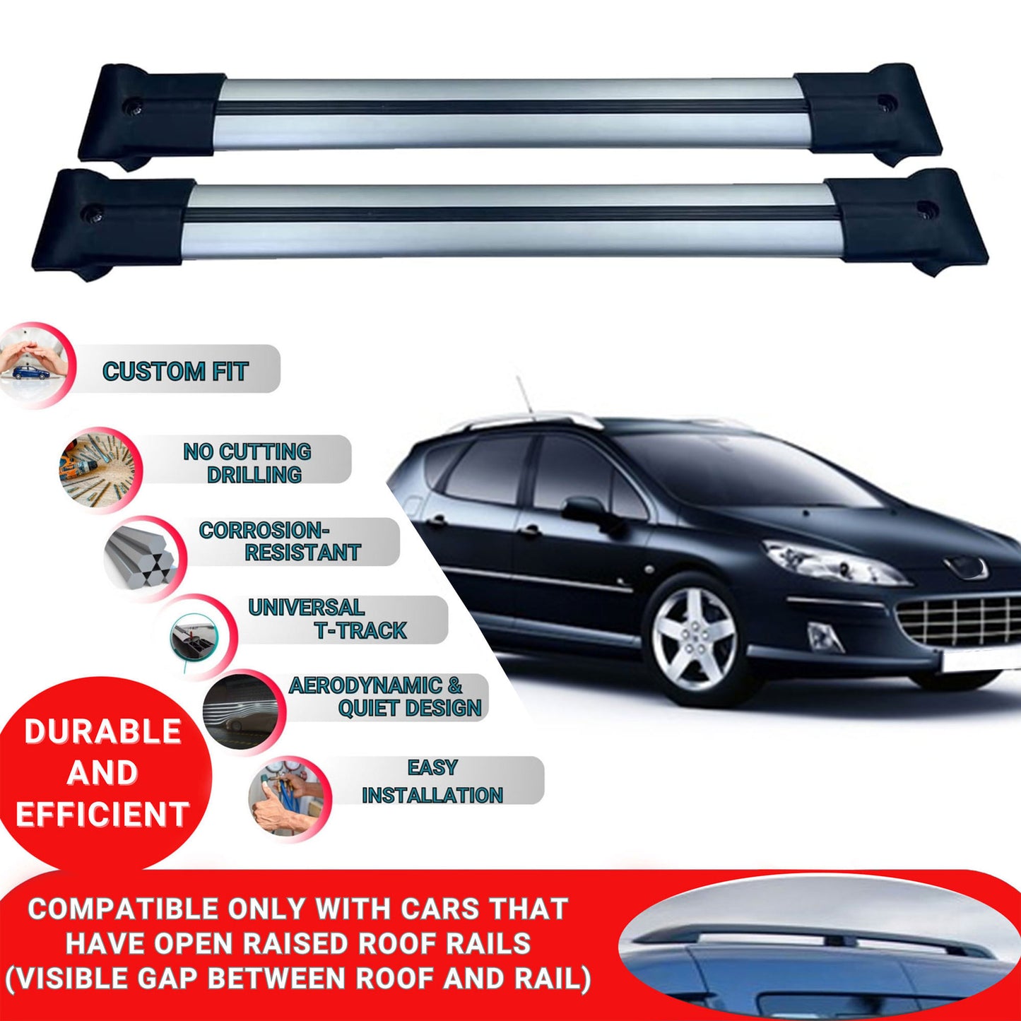 Roof Racks Cross Bars For Peugeot 407 Sw 2005-2011 2 Pcs Grey