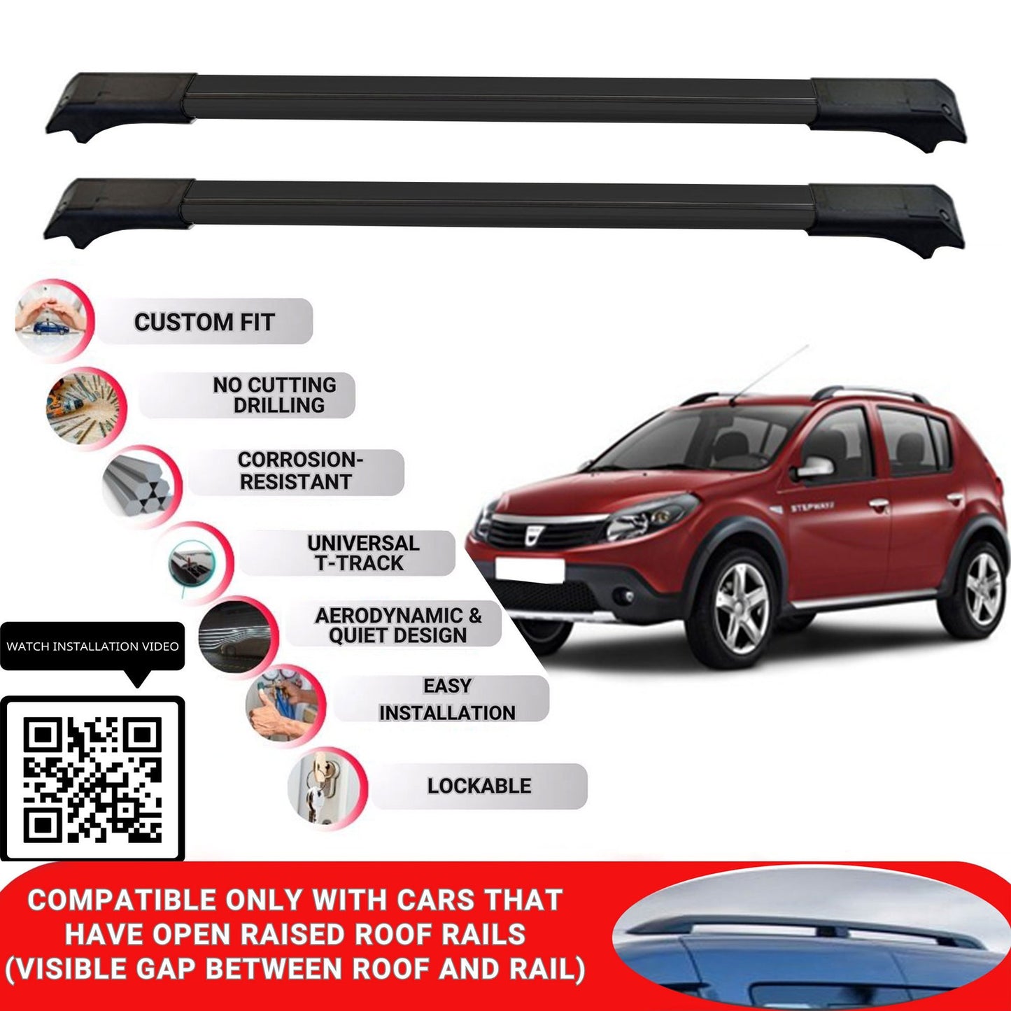 Roof Rack Cross Bars for Dacia Sandero Stepway 2009-2012 Lockable 2 Pcs Black