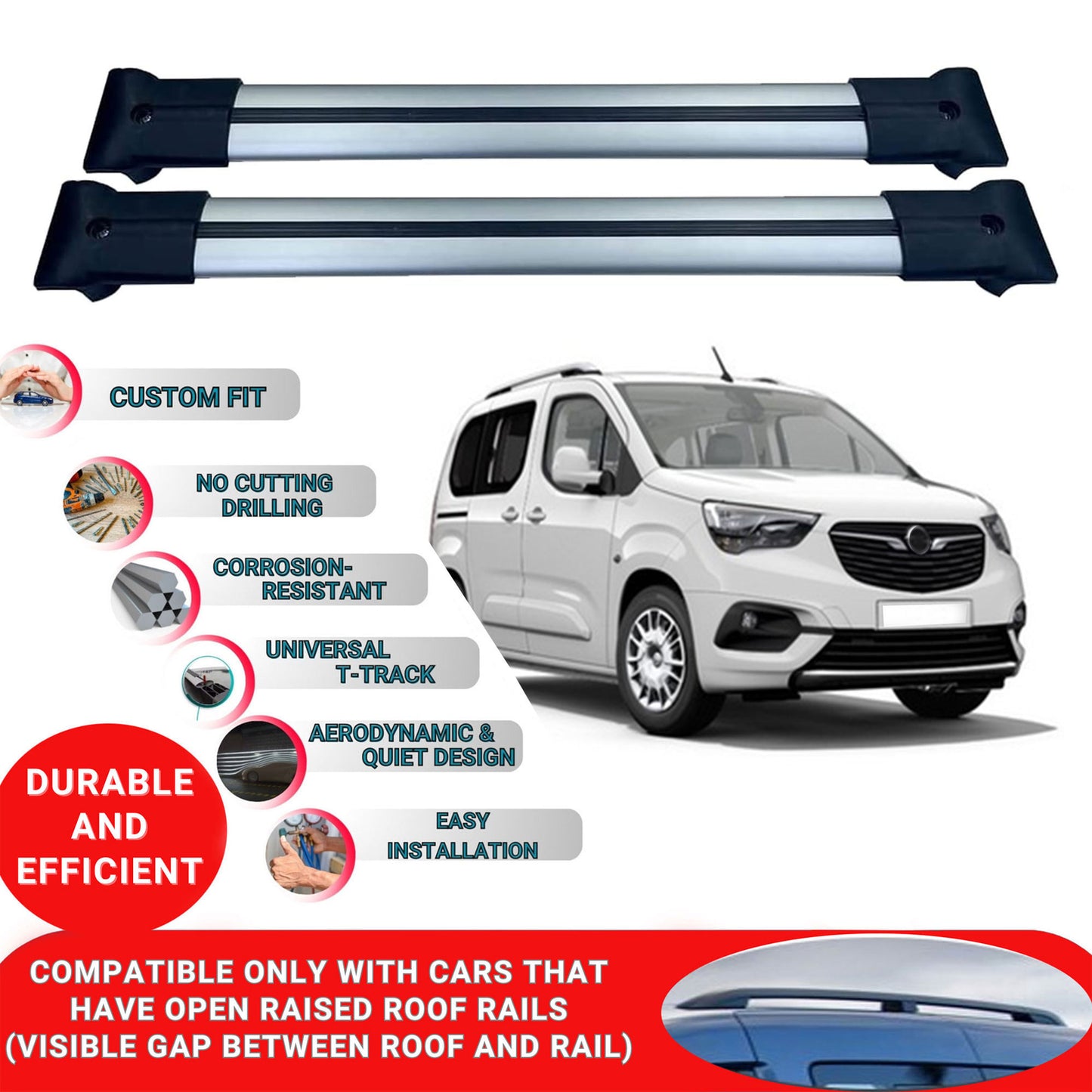 Roof Racks Cross Bars For Vauxhall Combo E 2019-2023 2 Pcs Grey