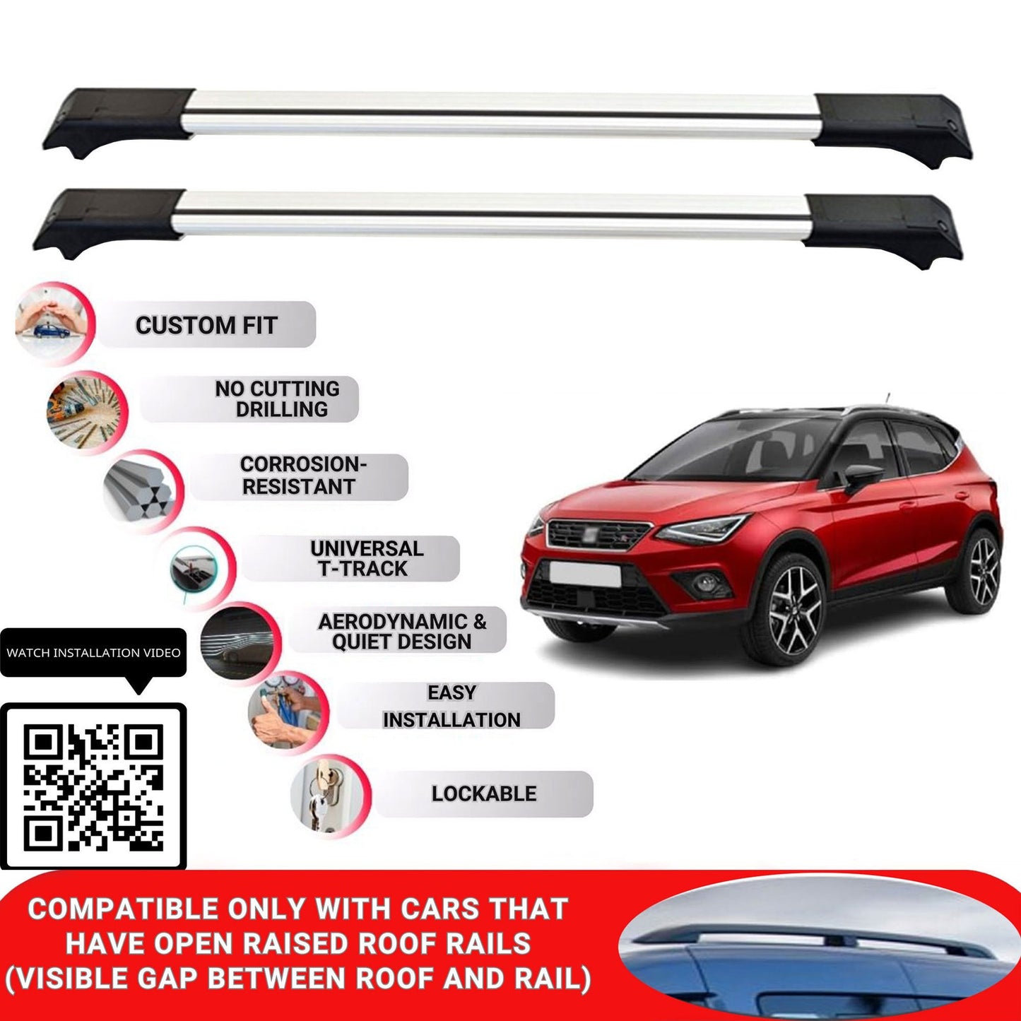 Roof Rack Cross Bars for Seat Arona 2018 Onwards Lockable Roof Bars 2 Pcs Grey