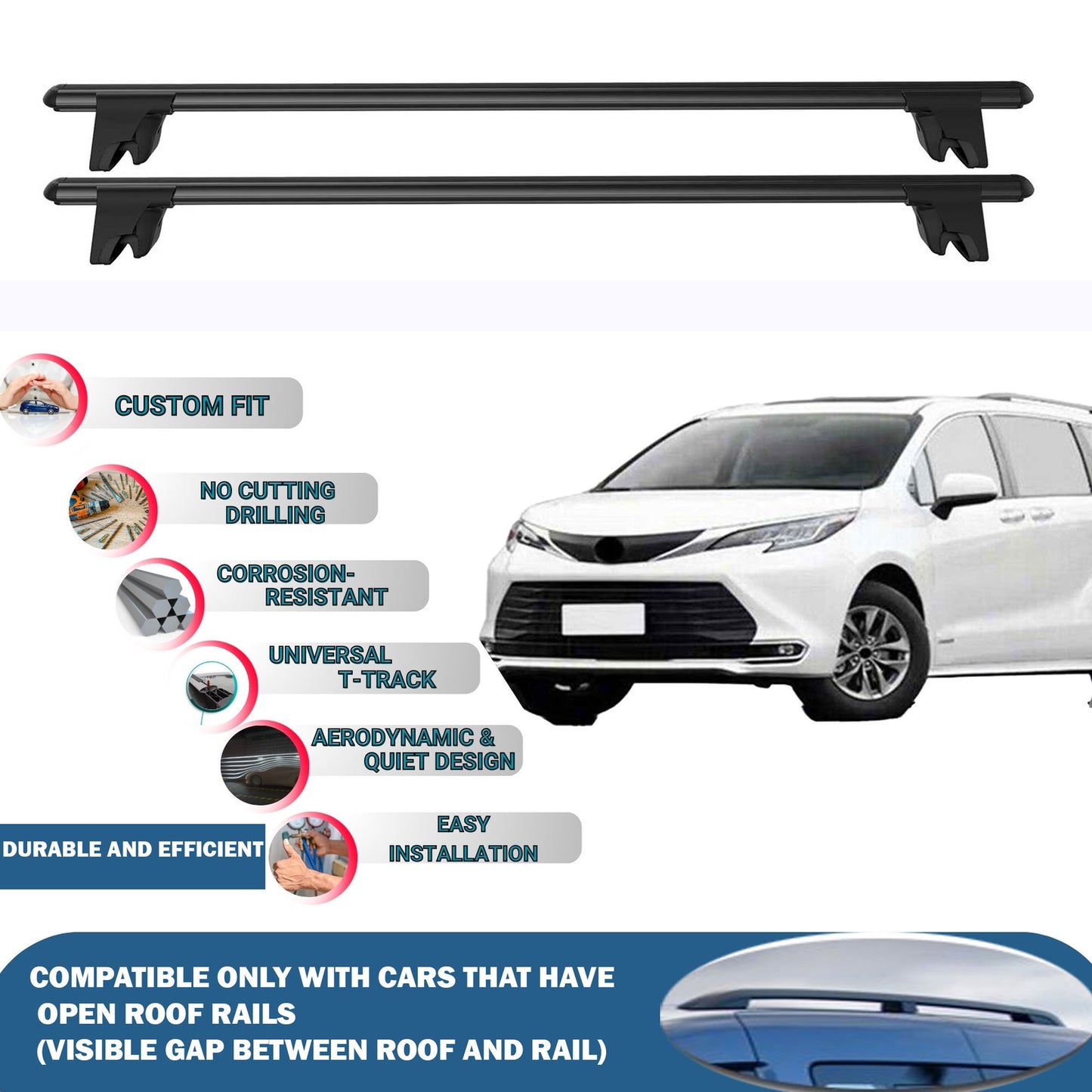 Lockable Roof Rack Cross Bars for Toyota Sienna Mpv Xl 2020-2023 | Heavy Duty Rail Carrier 2 Pcs Black