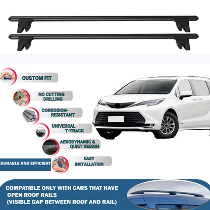 Lockable Roof Rack Cross Bars for Toyota Sienna Mpv Xl 2020-2023 | Heavy Duty Rail Carrier 2 Pcs Black