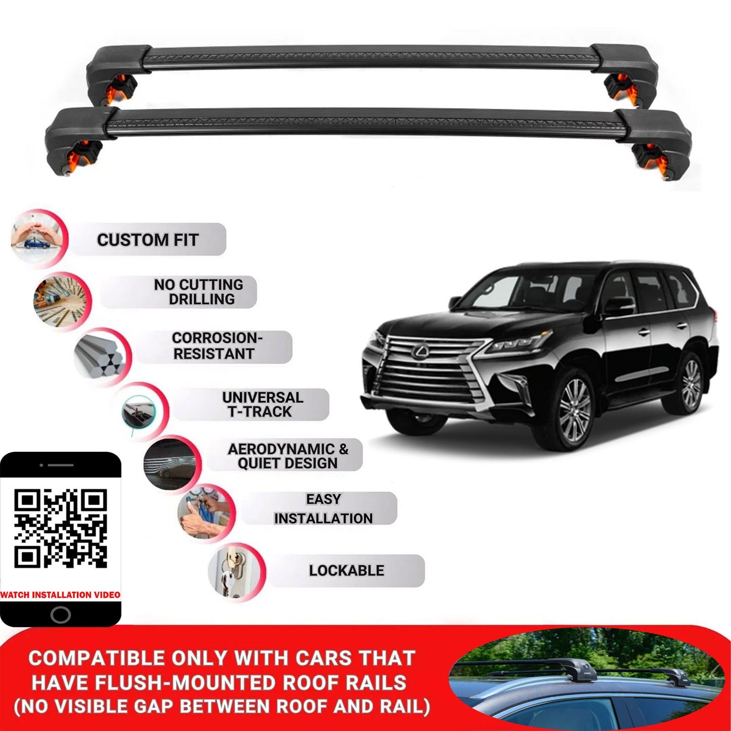 Premium Roof Bars For Lexus Lx-Series Suv 2016-2021 Secure Roof Rack Cross Bar 2 Pcss Black