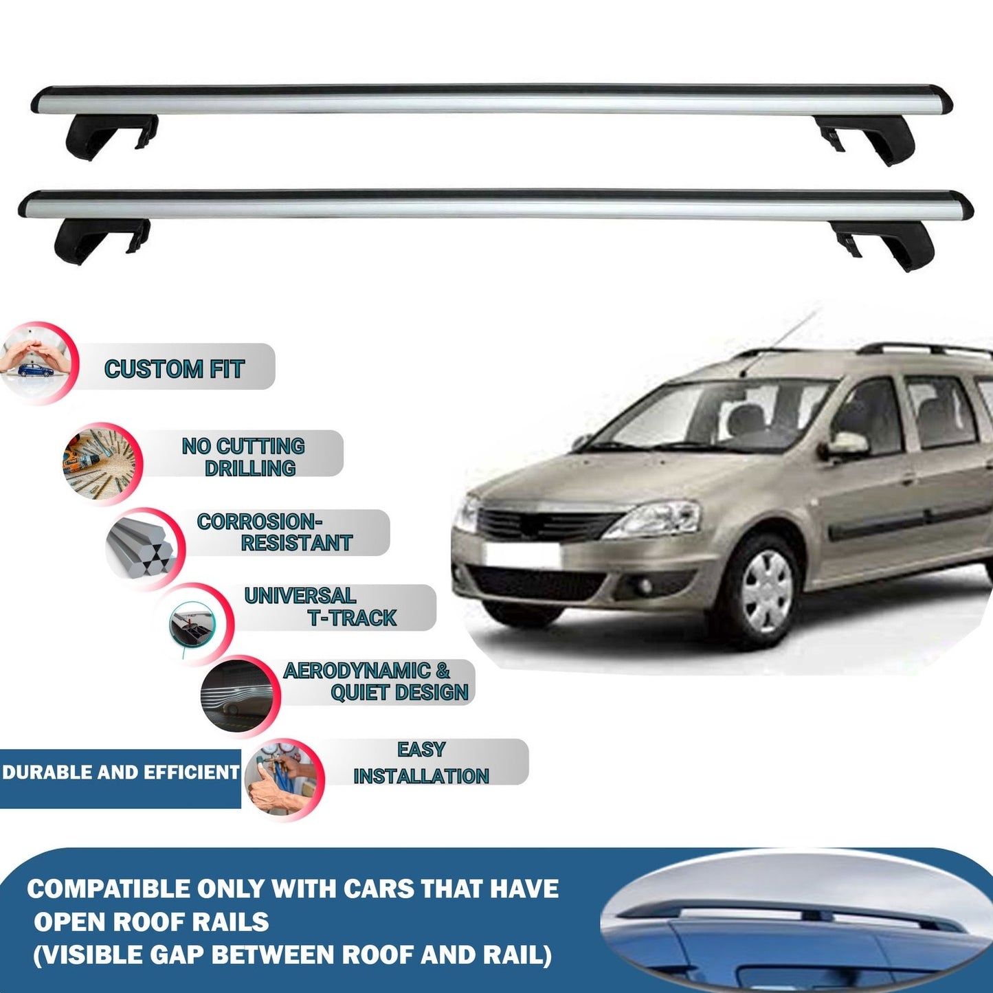 Roof Rack Cross Bars for Dacia Logan Mcv 5D 2007-2013 Rail Carrier for Roof Tents 2 Pcs Grey