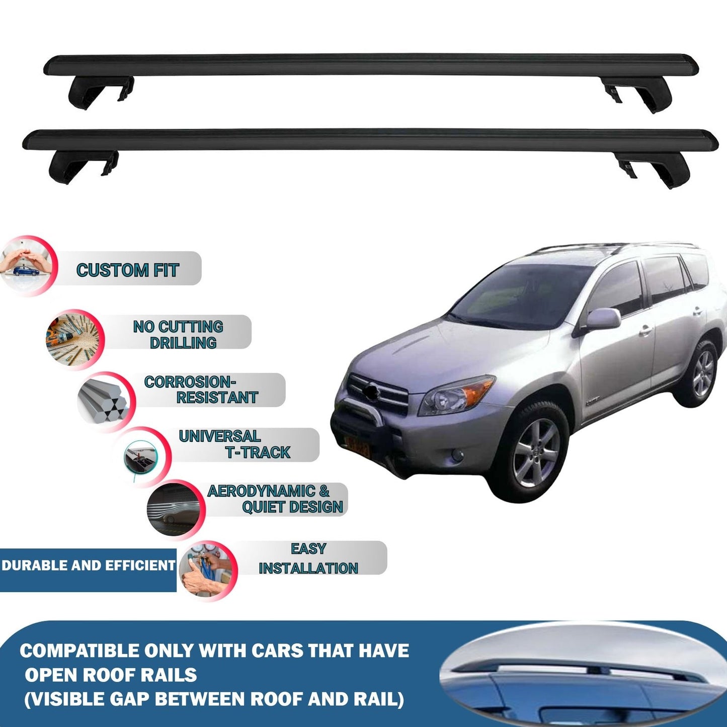 Roof Rack Cross Bars for Toyota Rav4 XA 2006-2012 Rail Carrier for Roof Tents 2 Pcs Black