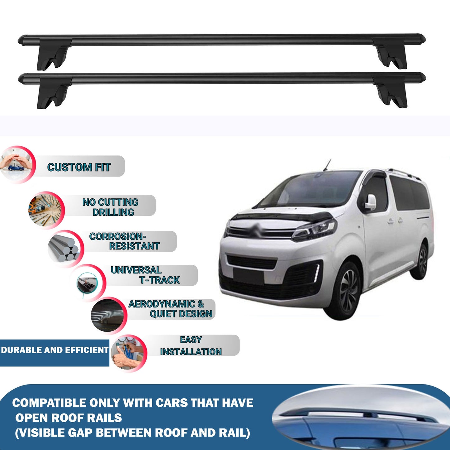 Lockable Roof Rack Cross Bars for Citroen Jumpy/Space 2017-2023 | Heavy Duty Rail Carrier 2 Pcs Black