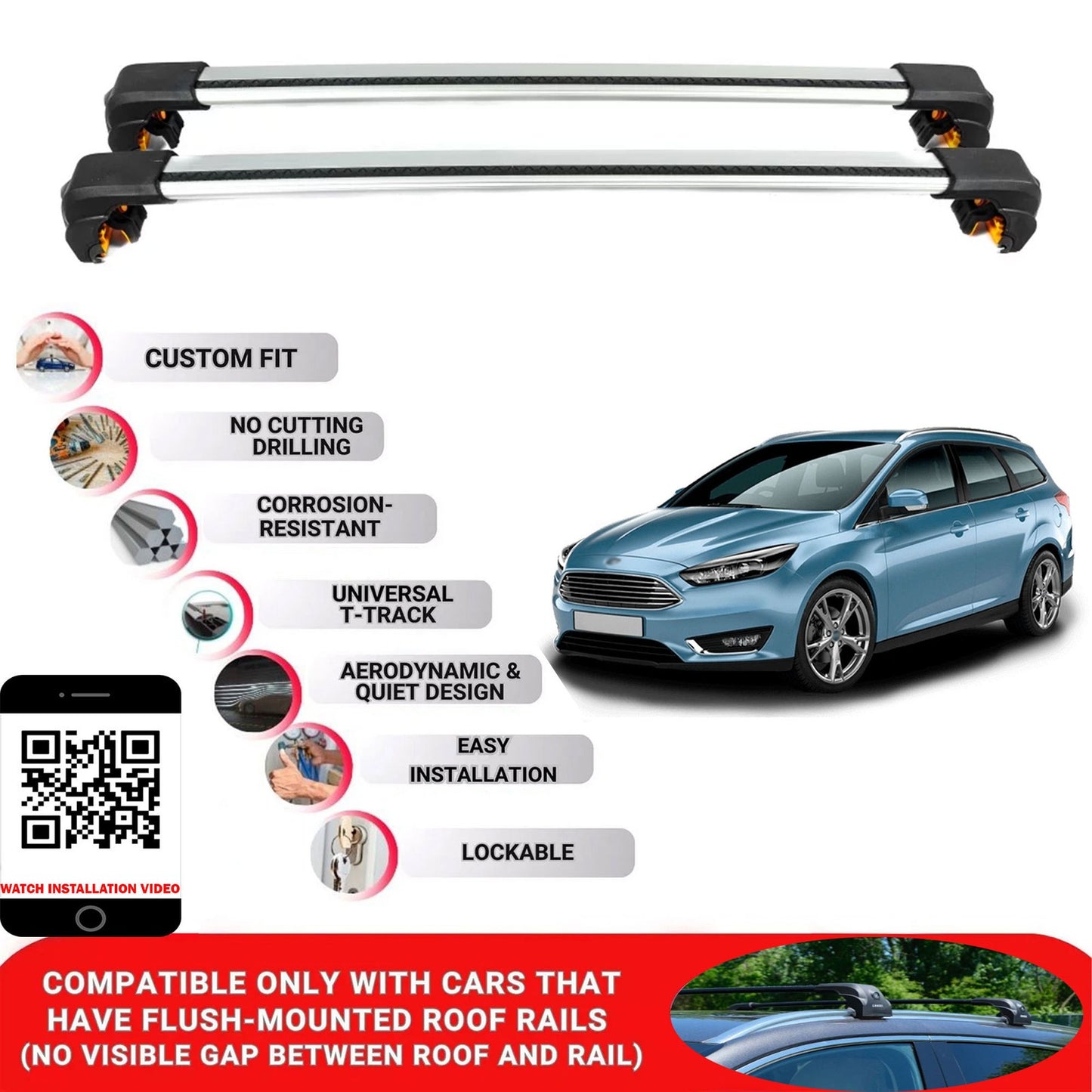 Premium Roof Bars For Ford Focus Estate 2011-2018 Secure Roof Rack Cross Bar 2 Pcss Grey