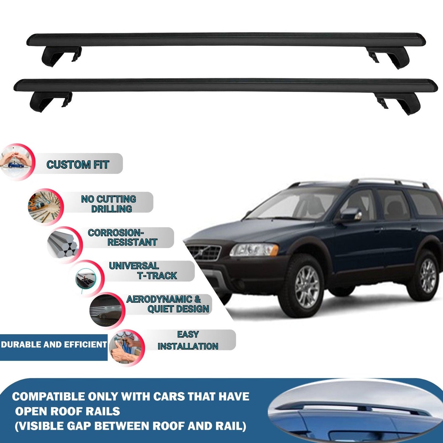 Roof Rack Cross Bars for Volvo Xc70 Estate 2000-2008 Rail Carrier for Roof Tents 2 Pcs Black