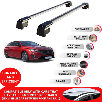 Roof Bars Rack for Peugeot 308 SW GT 2022+ Lockable Rail Carrier 2 Pcs Grey