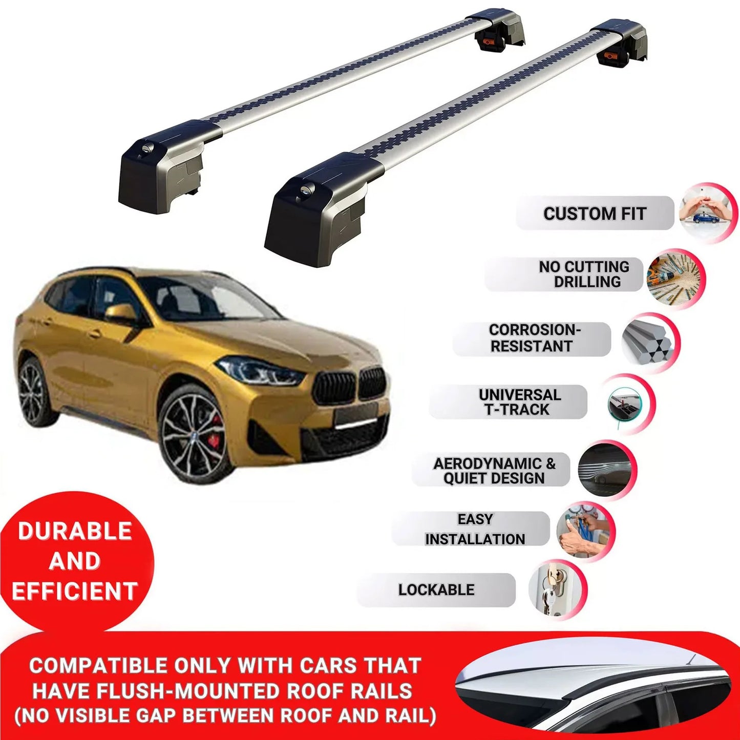 Roof Bars Rack for Bmw X2 F39 2017+ Lockable Rail Carrier 2 Pcs Grey