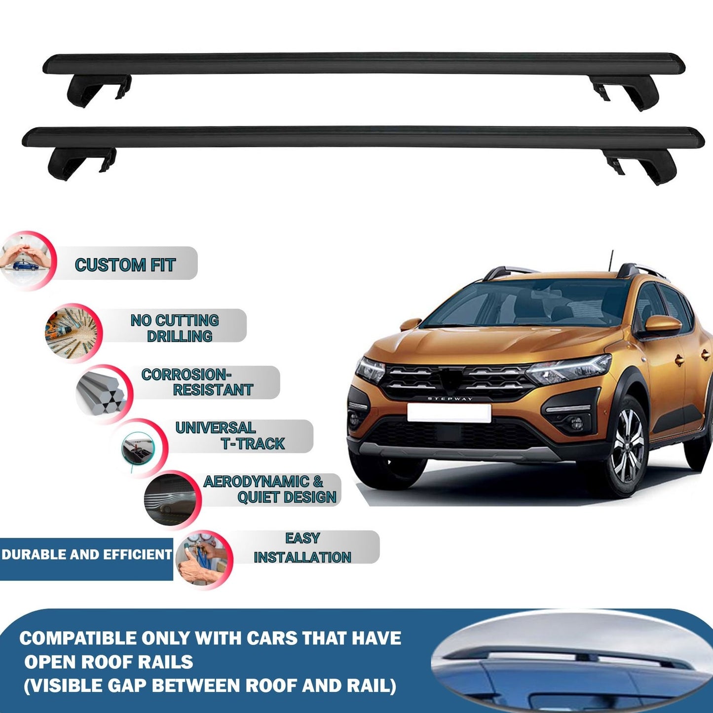 Roof Rack Cross Bars for Dacia Sandero/Stepway 2021-2023 Rail Carrier for Roof Tents 2 Pcs Black