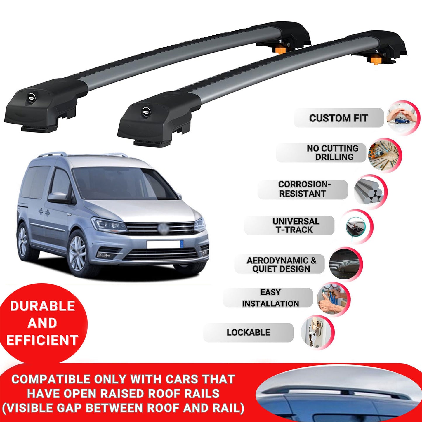 Roof Bar for Vw Caddy 2003-2019 Lockable Roof Rack Cross Bars 2 Pcs Grey