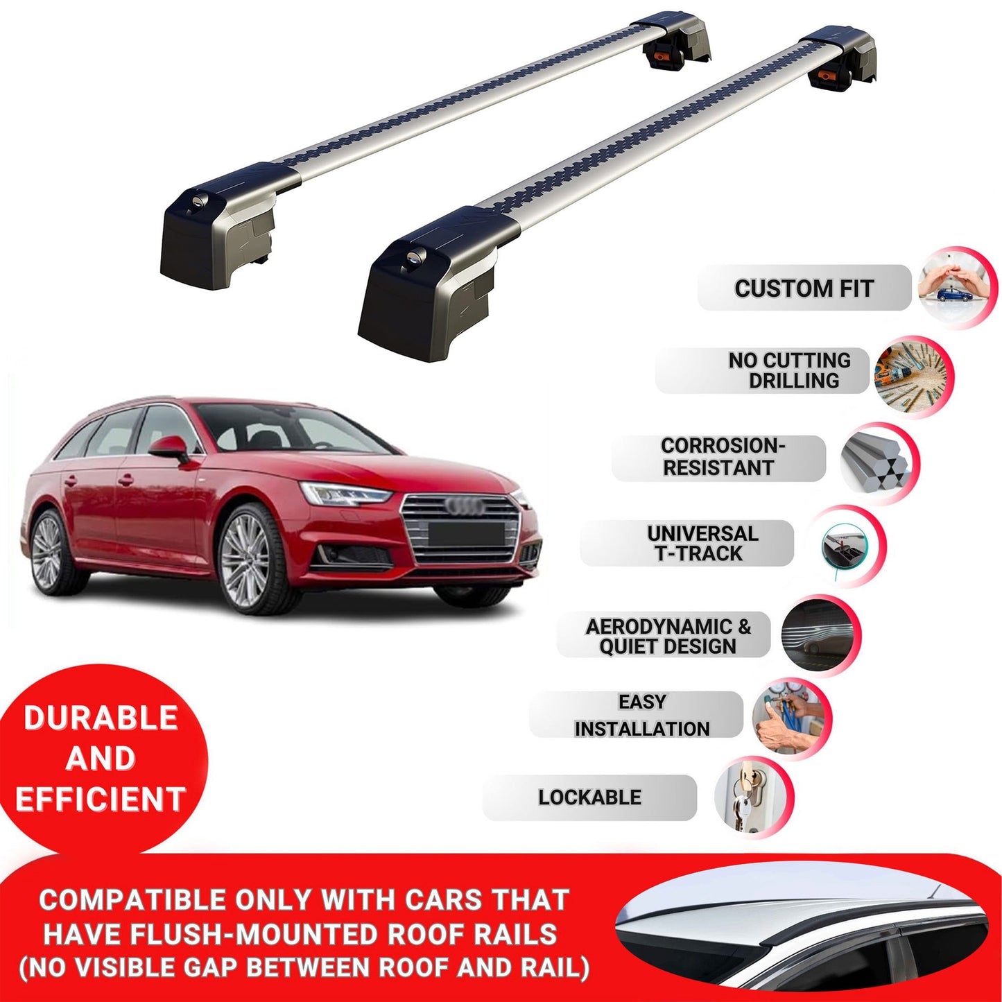 Roof Bars Rack for Audi A4 Avant (B9) 2016+ Lockable Rail Carrier 2 Pcs Grey