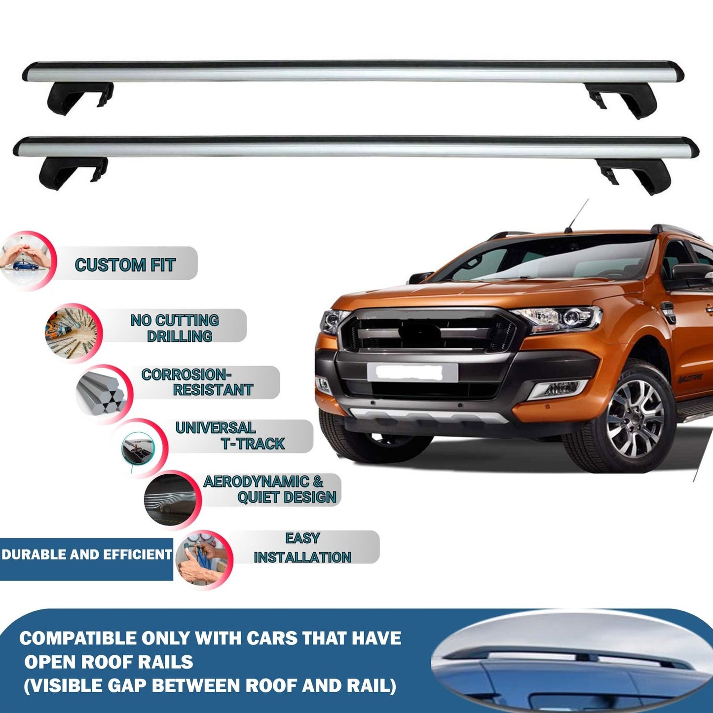 Roof Rack Cross Bars for Ford Ranger 2015-2018 Rail Carrier for Roof Tents 2 Pcs Grey