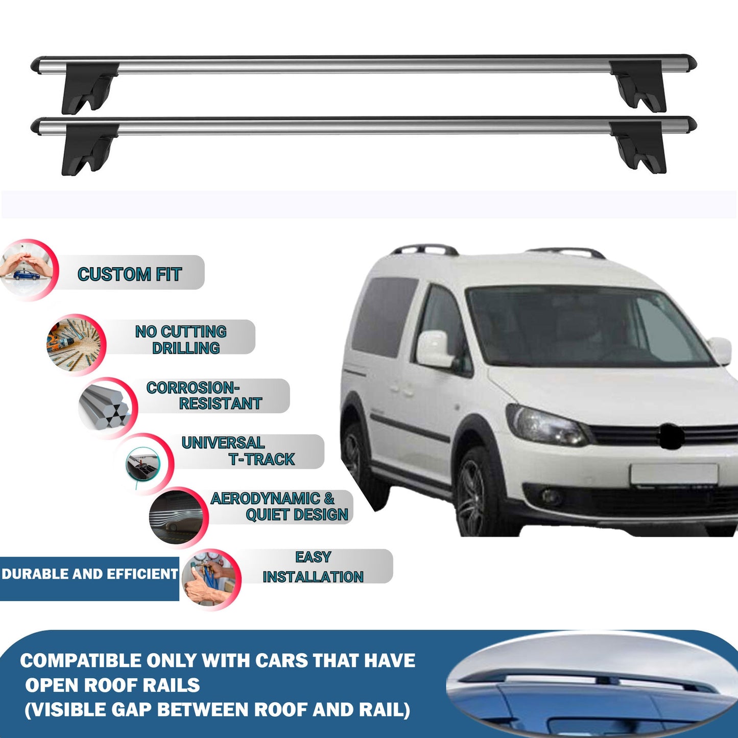 Car Roof Rack Cross Bars for Volkswagen Caddy 2003-2015 Kayak Roof Rack 4Pcs Gry