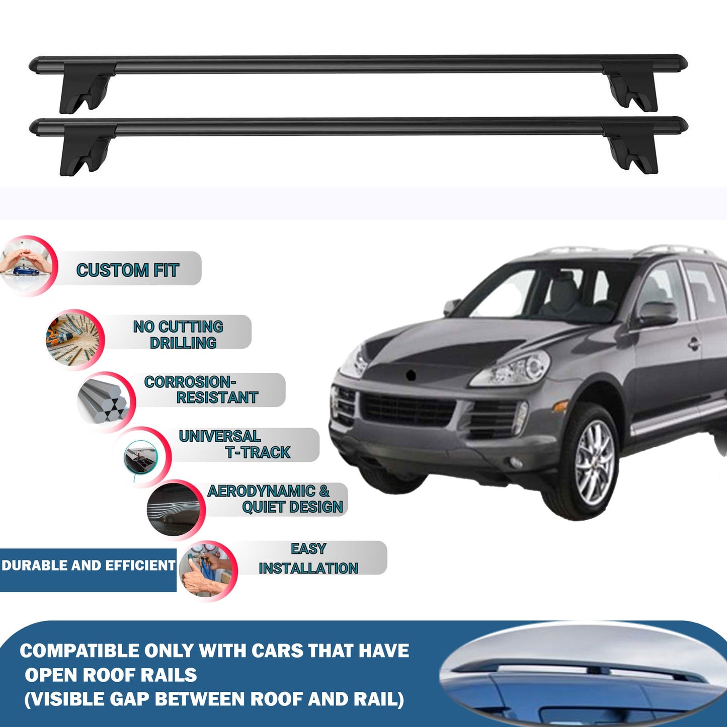 Lockable Roof Rack Cross Bars for Porsche Cayenne E1 2003-2010 | Heavy Duty Rail Carrier 2 Pcs Black