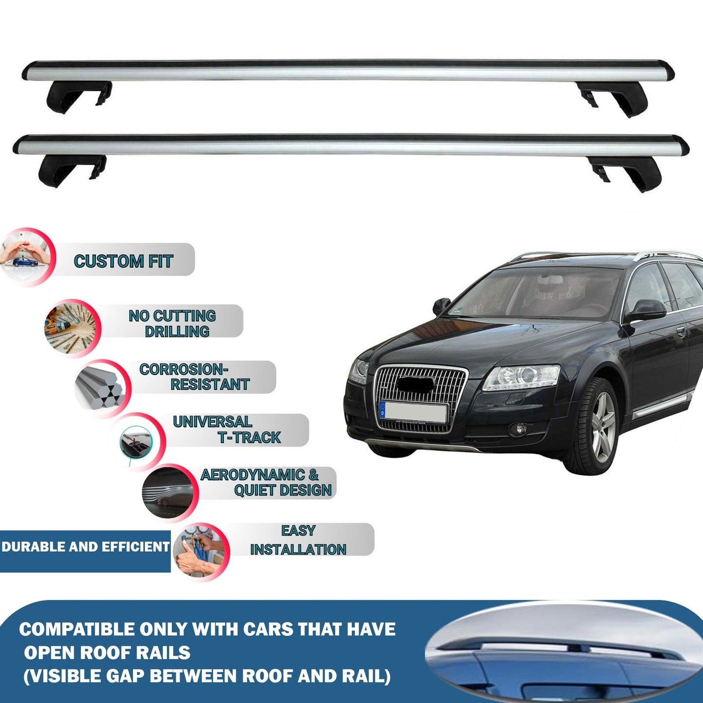 Roof Rack Cross Bars for Audi A6 Allroad Quattro C6 2006-2011 Rail Carrier for Roof Tents 2 Pcs Grey