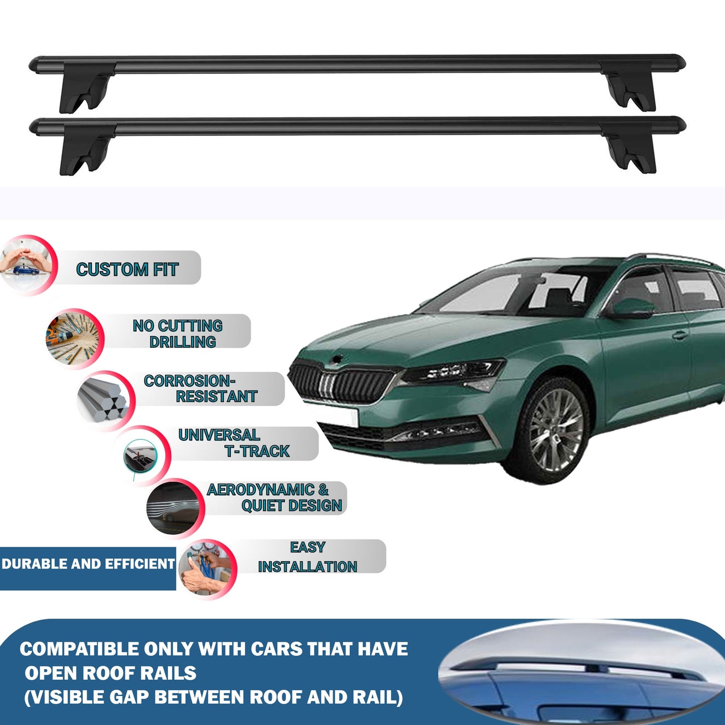 Lockable Roof Rack Cross Bars for Skoda Suberb Combi/SW 2015-2023 | Heavy Duty Rail Carrier 2 Pcs Black