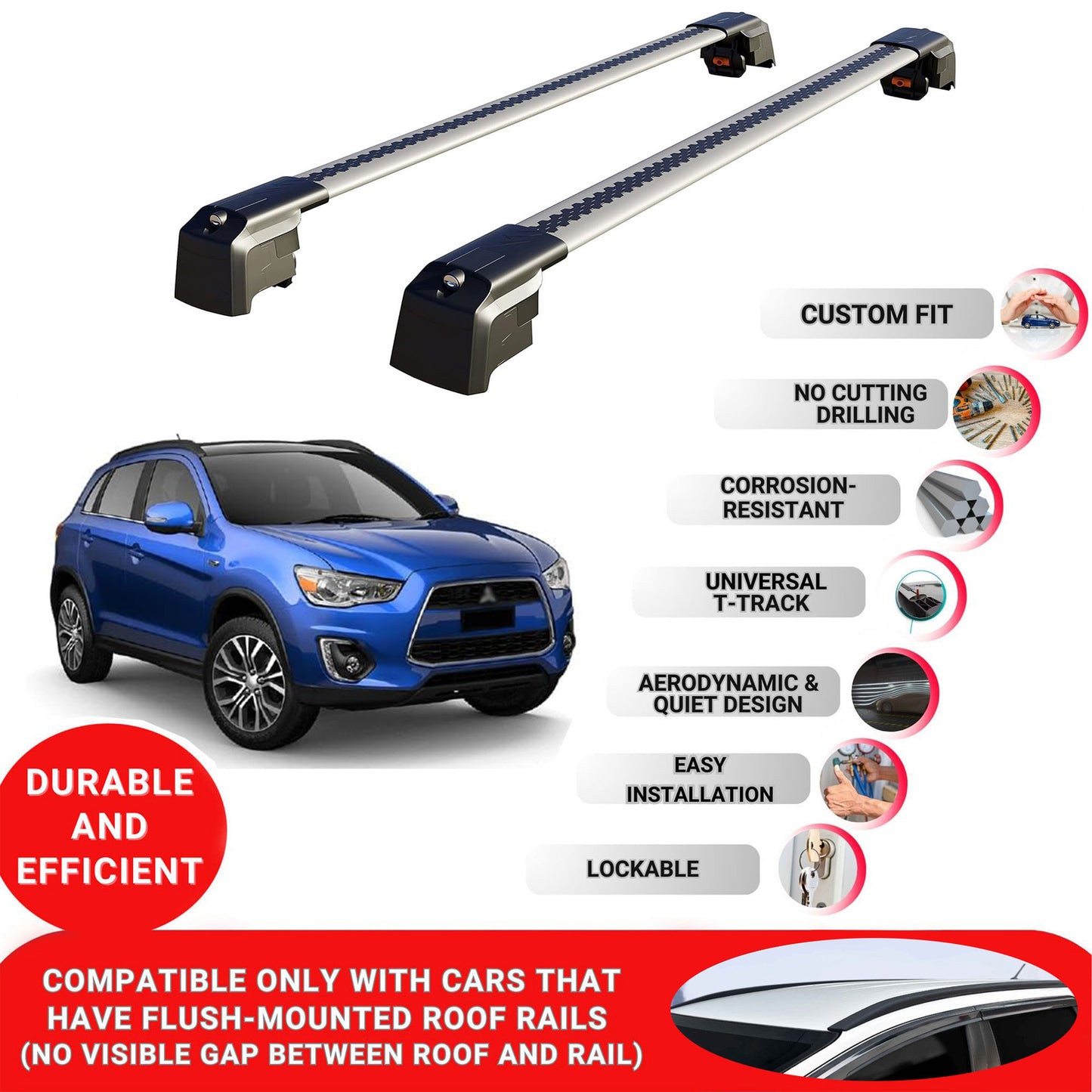 Roof Bars Rack for Mitsubishi Asx (GA) 2010-2022 Lockable Rail Carrier 2 Pcs Grey