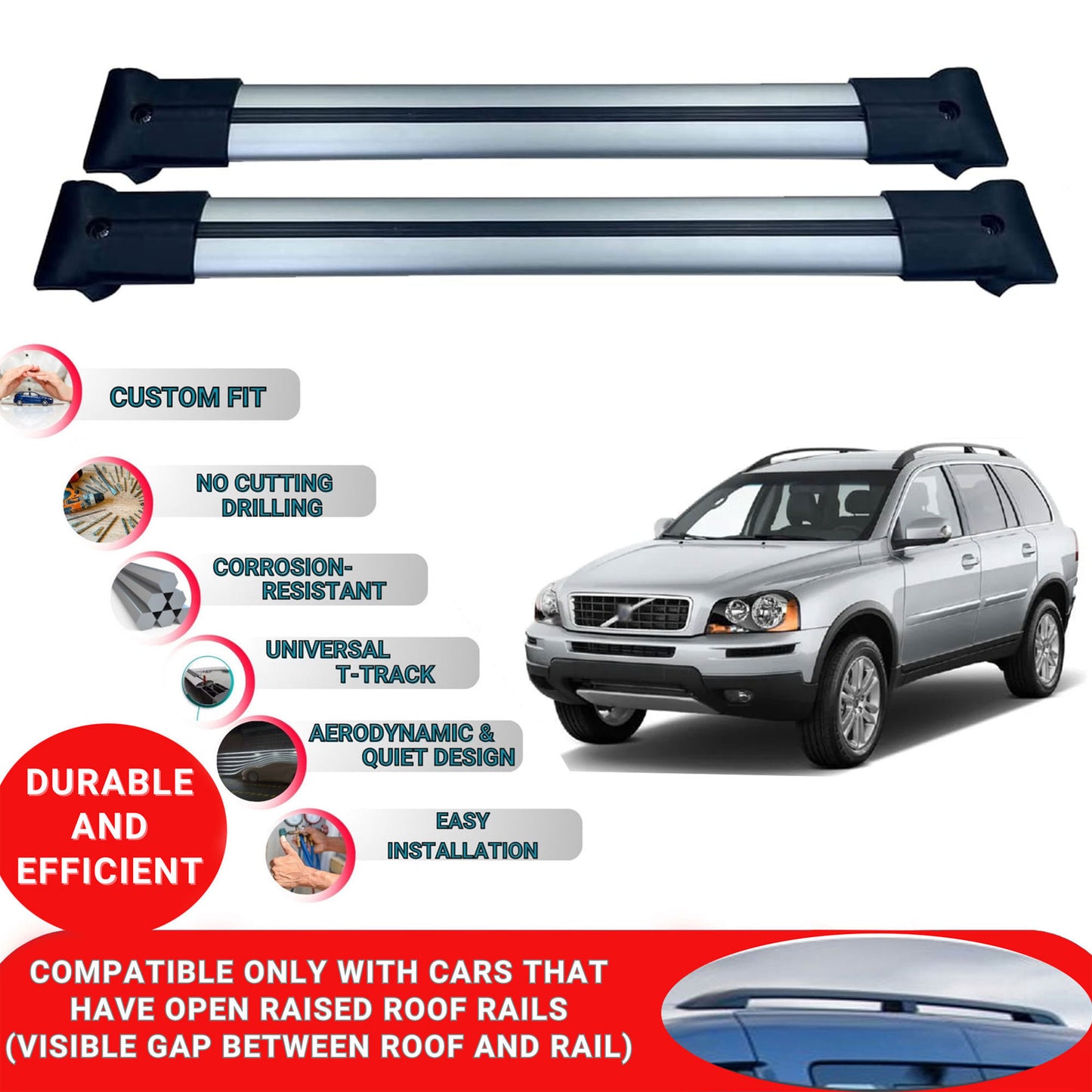 Roof Racks Cross Bars For Volvo Xc90 Mk1 2003-2015 2 Pcs Grey