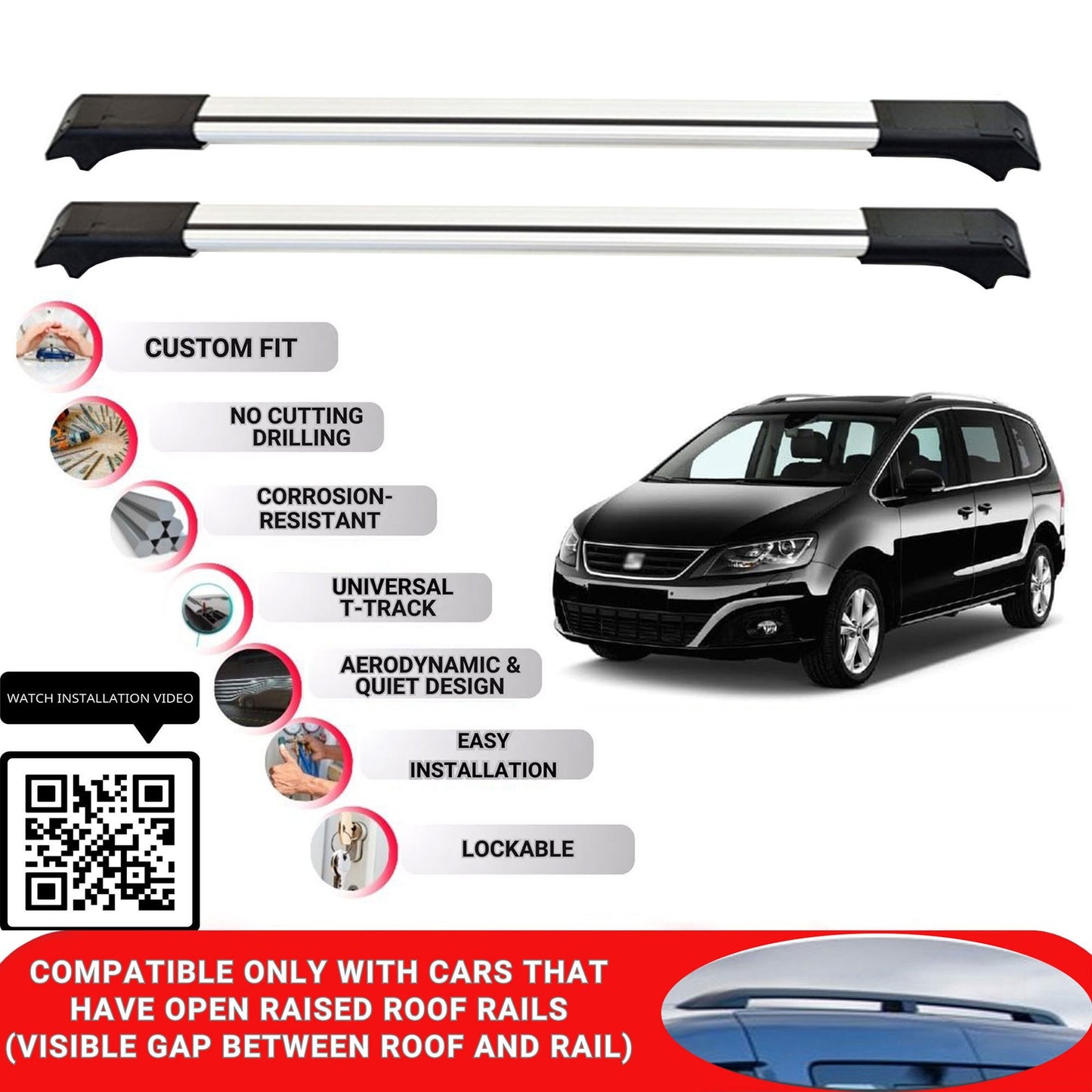 Roof Rack Cross Bars for Seat Alhambra 2010-2020 Lockable Roof Bars 2 Pcs Grey