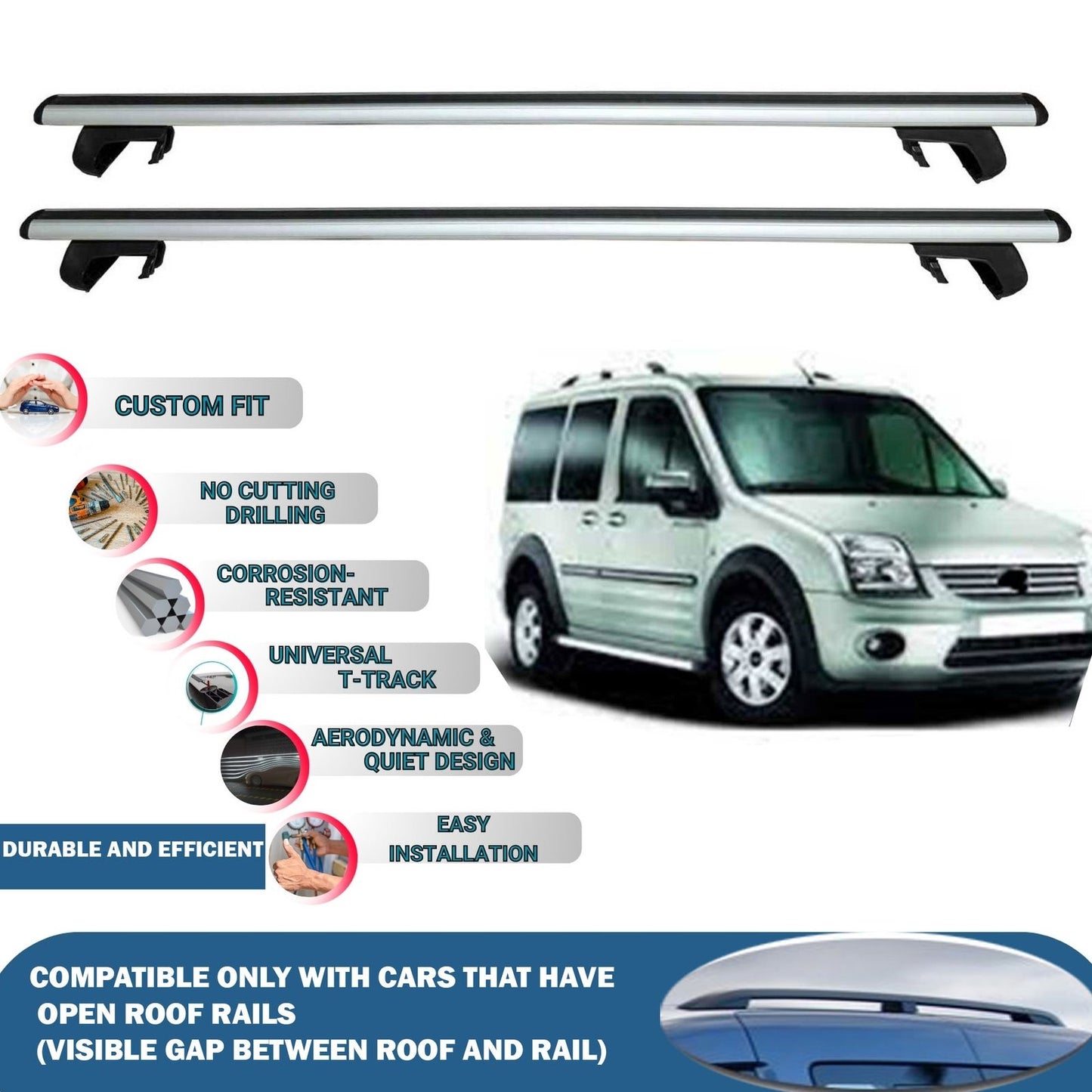 Roof Rack Cross Bars for Ford Connect 2002-2014 Rail Carrier for Roof Tents 2 Pcs Grey