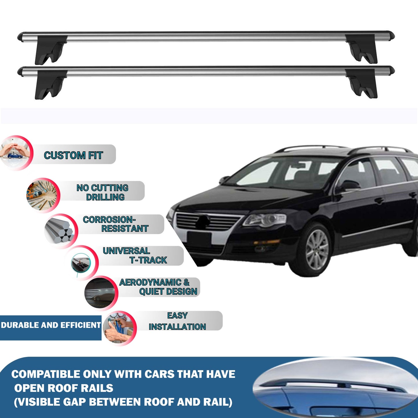 Lockable Roof Rack Cross Bars for Vw Passat Variant B6 2005-2010 | Heavy Duty Rail Carrier 2 Pcs Grey