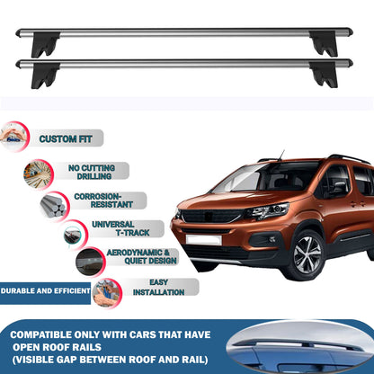 Lockable Roof Rack Cross Bars for Peugeot Rifter 2019-2023 | Heavy Duty Rail Carrier 2 Pcs Grey
