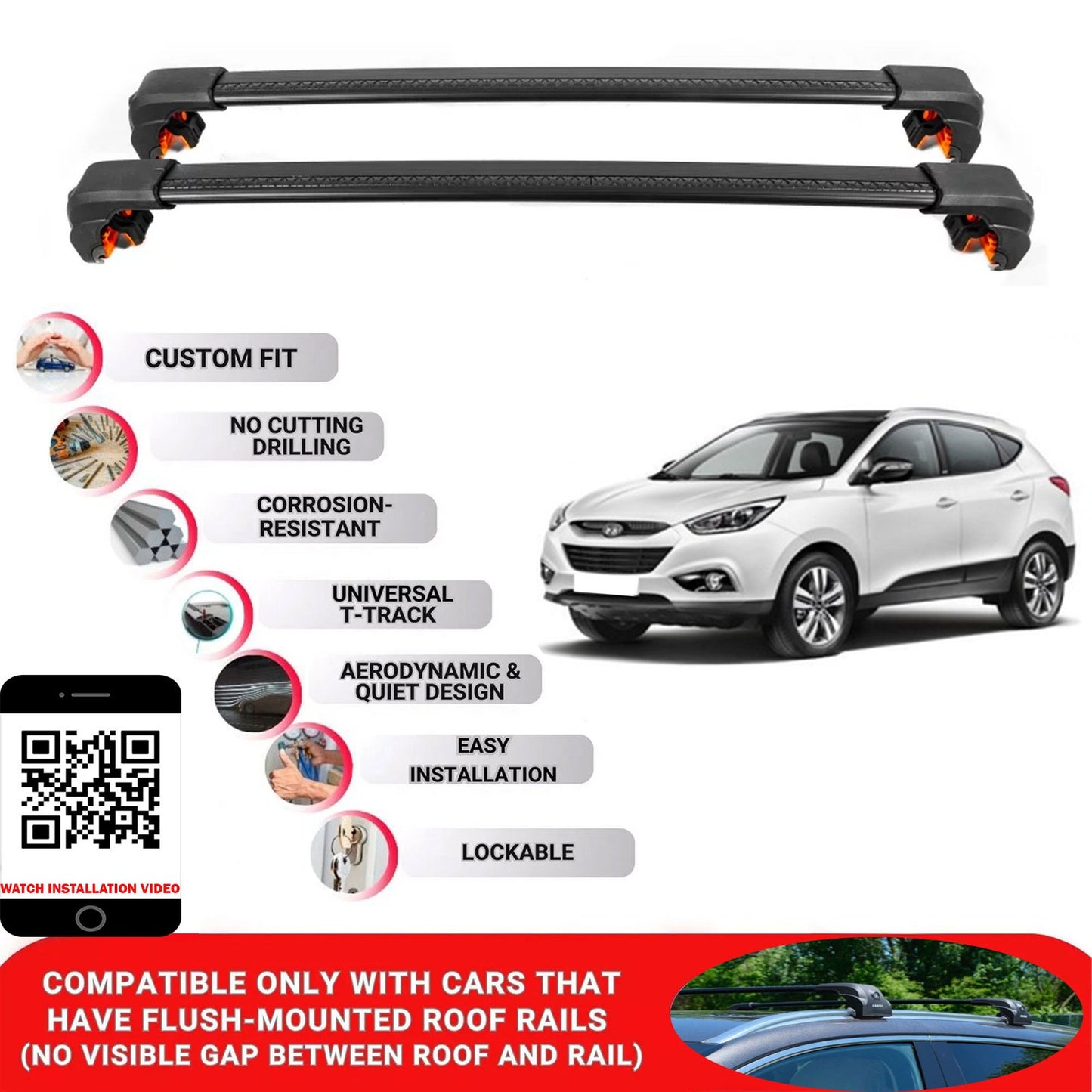 Premium Roof Bars For Hyundai IX35 Suv 2010-2015 Secure Roof Rack Cross Bar 2 Pcss Black