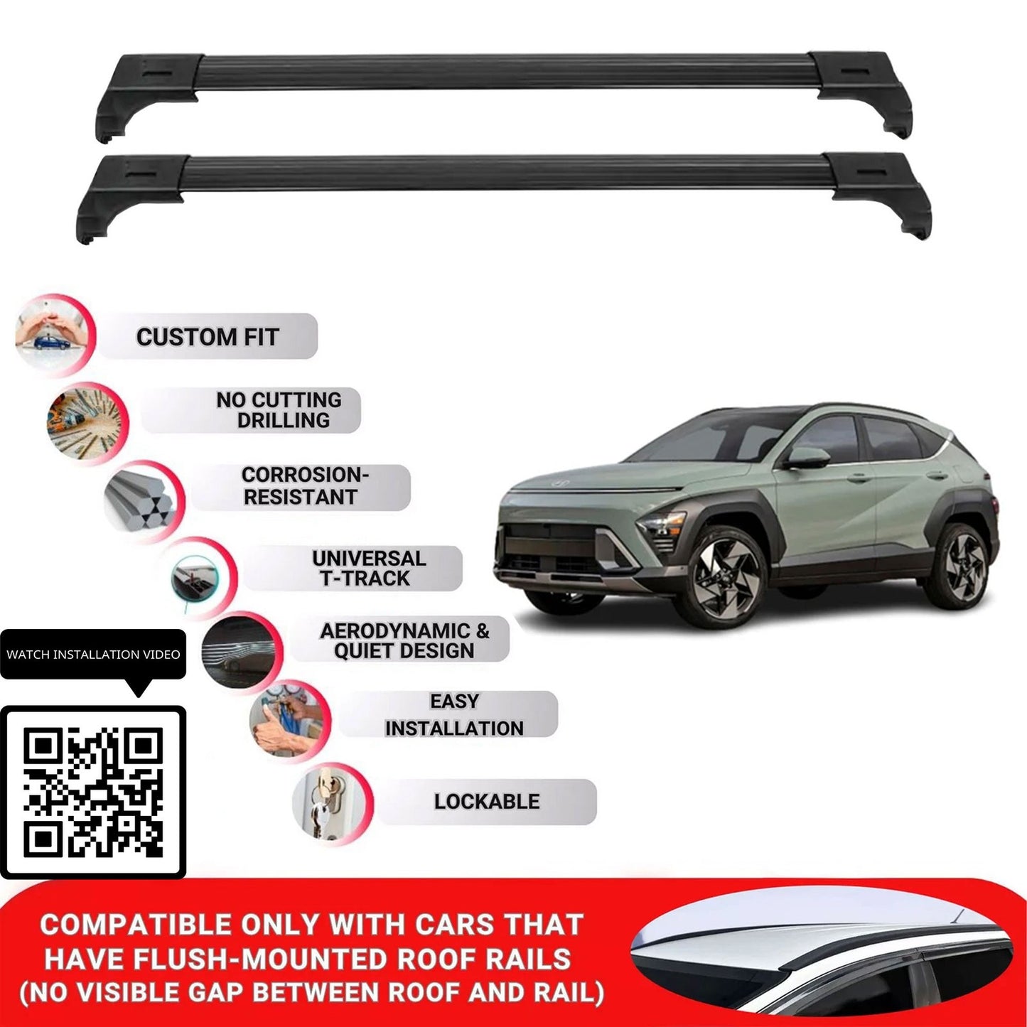 Roof Bars for Hyundai Kona Sx2 2023+ Lockable Roof Rack Cross Bars 2 Pcs Black