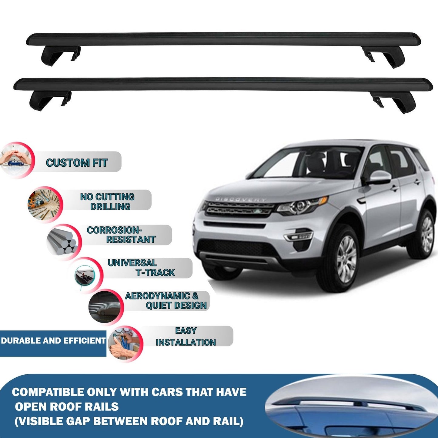Roof Rack Cross Bars for Land Rover Discovery Sport 5D 2015-2019 Rail Carrier for Roof Tents 2 Pcs Black