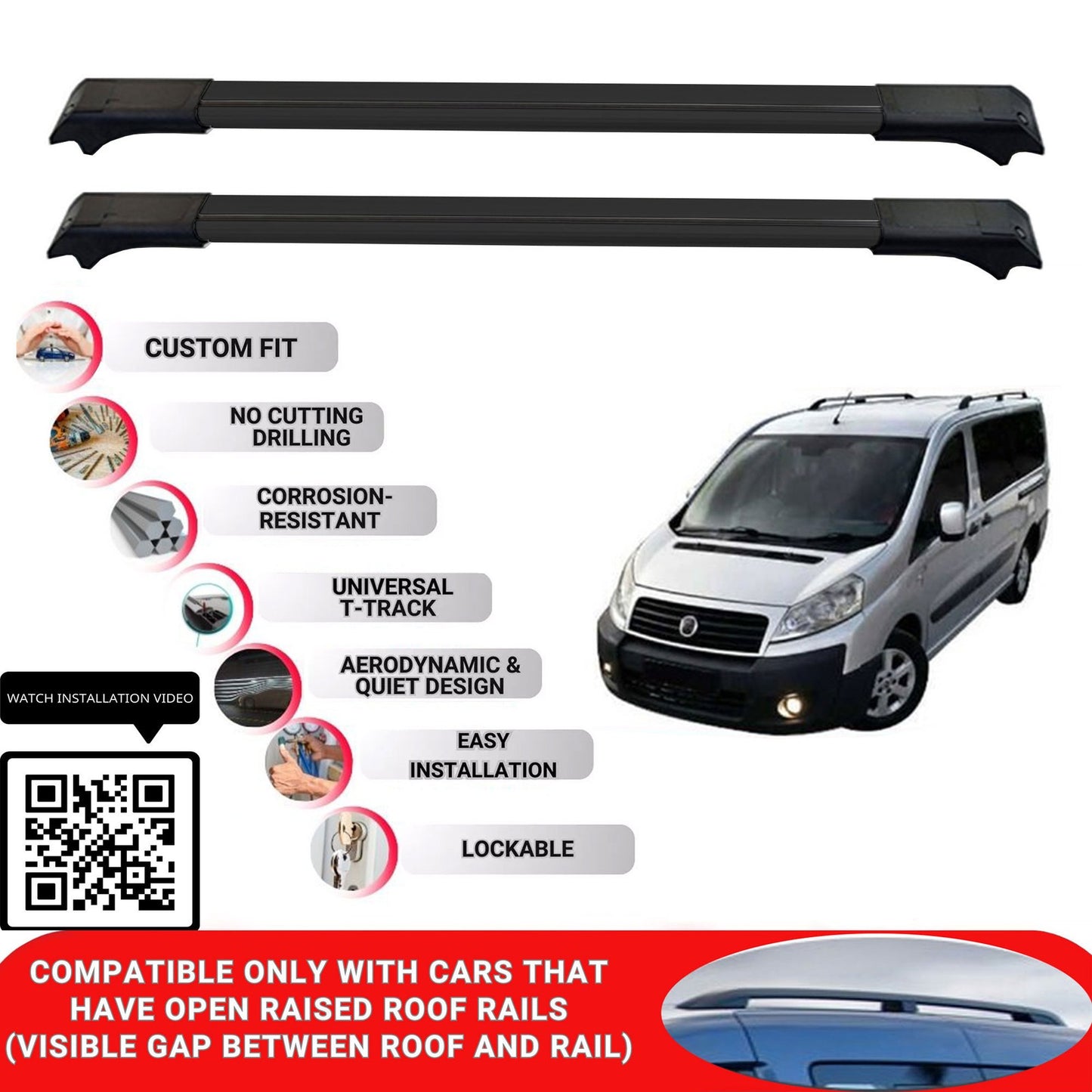 Roof Rack Cross Bars for Fiat Scudo 2007-2016 Lockable Roof Bars 2 Pcs Black