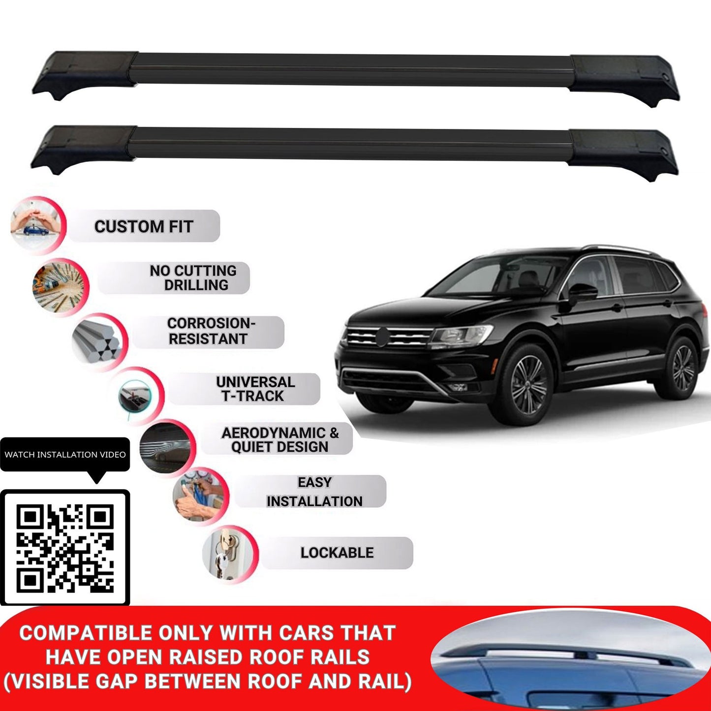 Roof Rack Cross Bars for Vw Tiguan 2016-2024 Lockable Roof Bars 2 Pcs Black