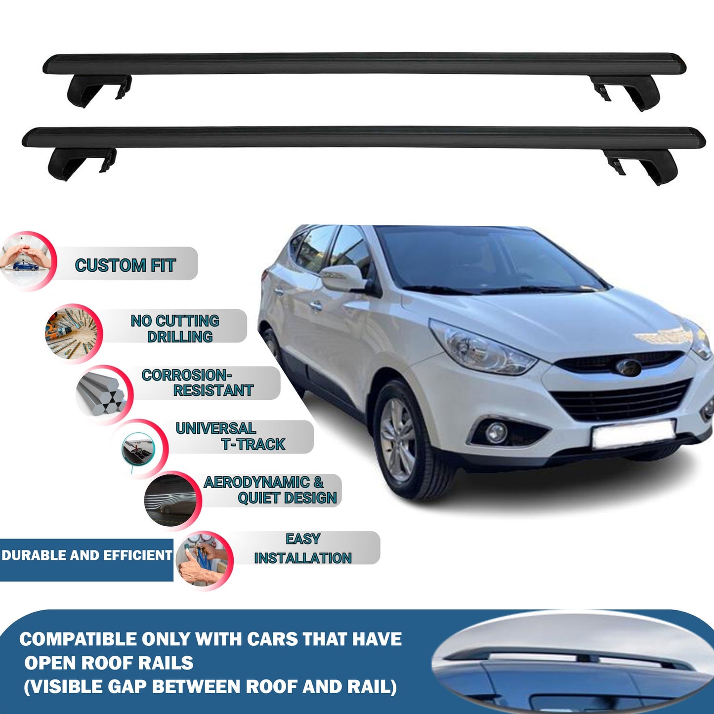 Roof Rack Cross Bars for Hyundai Ix35 Lm 2010-2015 Rail Carrier for Roof Tents 2 Pcs Black