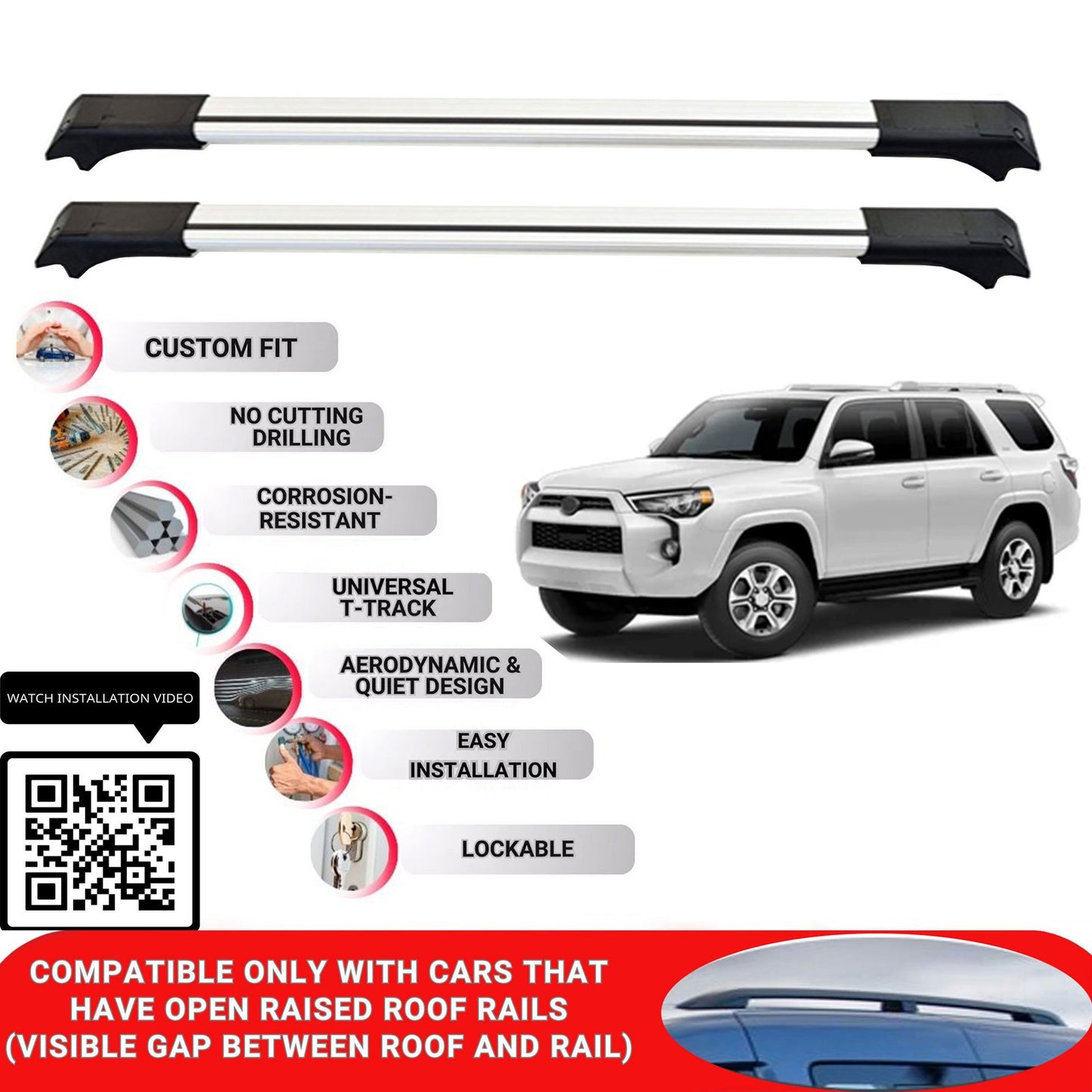 Roof Rack Cross Bars for Toyota 4 Runner 2010+ Lockable Roof Bars 2 Pcs Grey