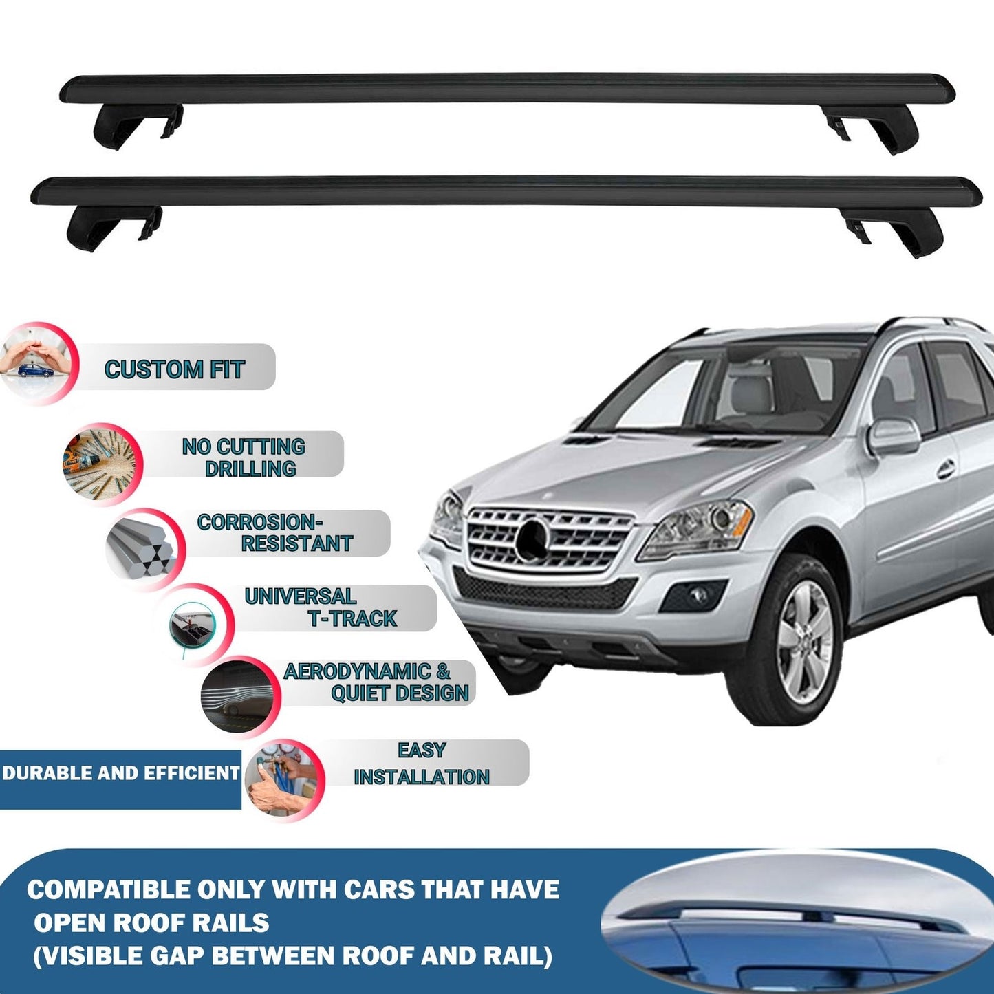 Roof Rack Cross Bars for Mercedes W164 Suv 2005-2011 Rail Carrier for Roof Tents 2 Pcs Black