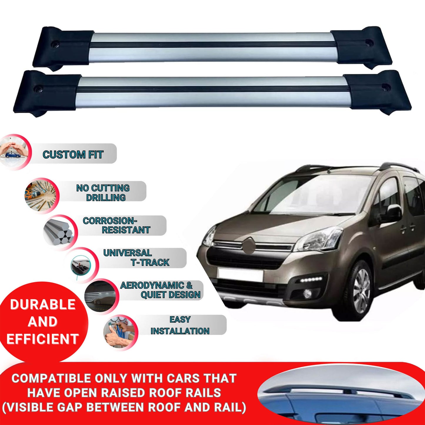 Roof Racks Cross Bars For Citroen Berlingo 2 2008-2018 2 Pcs Grey