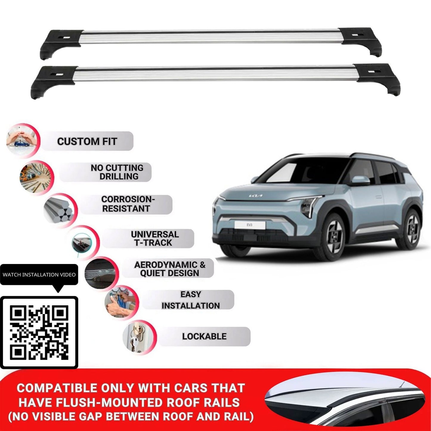 Roof Bars for Kia Ev3 2024+ Lockable Roof Rack Cross Bars 2 Pcs Grey