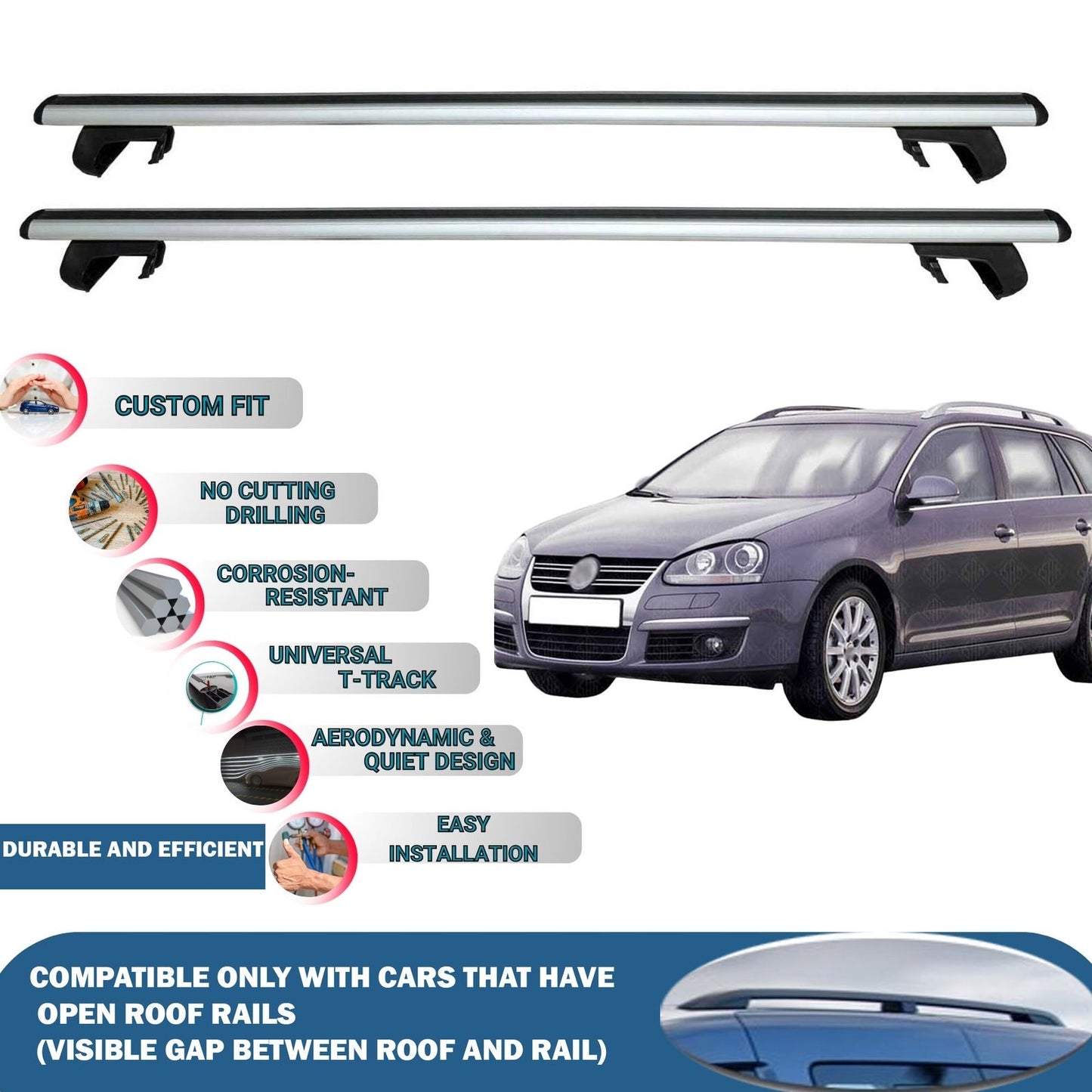 Roof Rack Cross Bars for Volkswagen Golf V Variant 2007-2009 Rail Carrier for Roof Tents 2 Pcs Grey