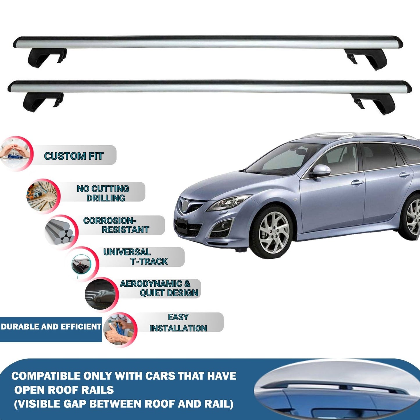 Roof Rack Cross Bars for Mazda 6 Gh1/Gh2 Estate 2008-2012 Rail Carrier for Roof Tents 2 Pcs Grey